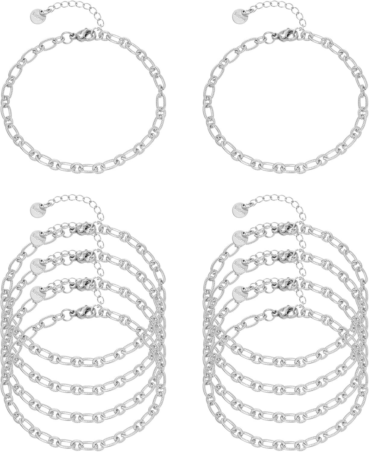 10 PCS Bracelets for Women Stainless Steel Chain Link Bracelet Set | 6.7 Inches with Extender, Jewelry Gifts for DIY, Chains Bulk, Oval, Curb, Figaro Chains, 18K Gold Plated, Silver, Chunky