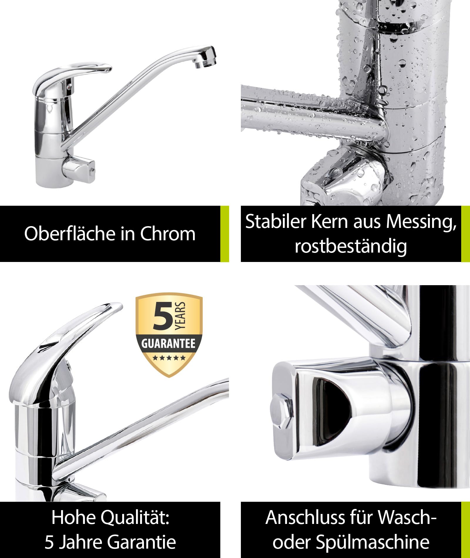 aquaSu® Spültischarmatur mit Geräteanschluss Concordia, Einhebelmischer mit Wasserspar-Kartusche, Wasserhahn für Spüle, Auslauf schwenkbar, Standard-Befestigung, Messingkern, chrom, 796019