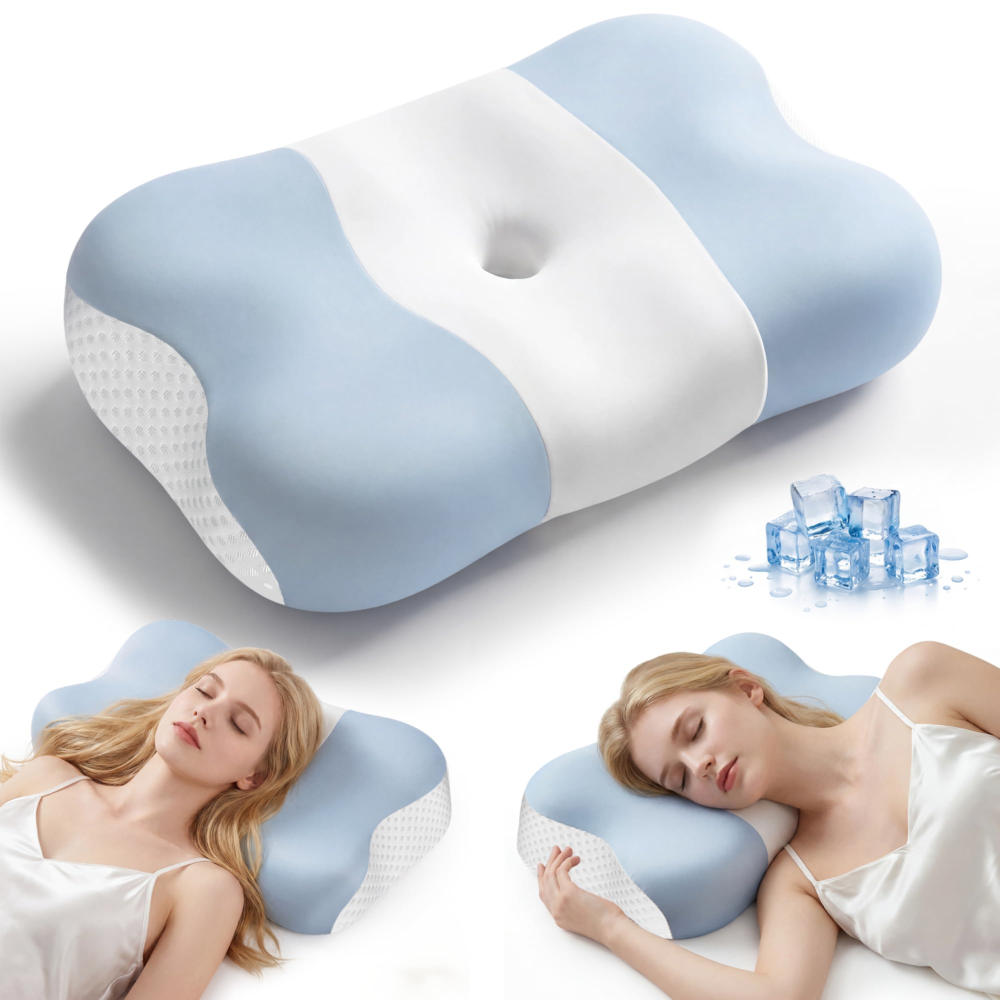 VYLEE Memory Foam Pillow for Neck Pain Relief, Ergonomic Contour Bed Pillow for Side Back Stomach Sleepers, Neck Support Pillow for Sleeping with Cooling Washable Cover