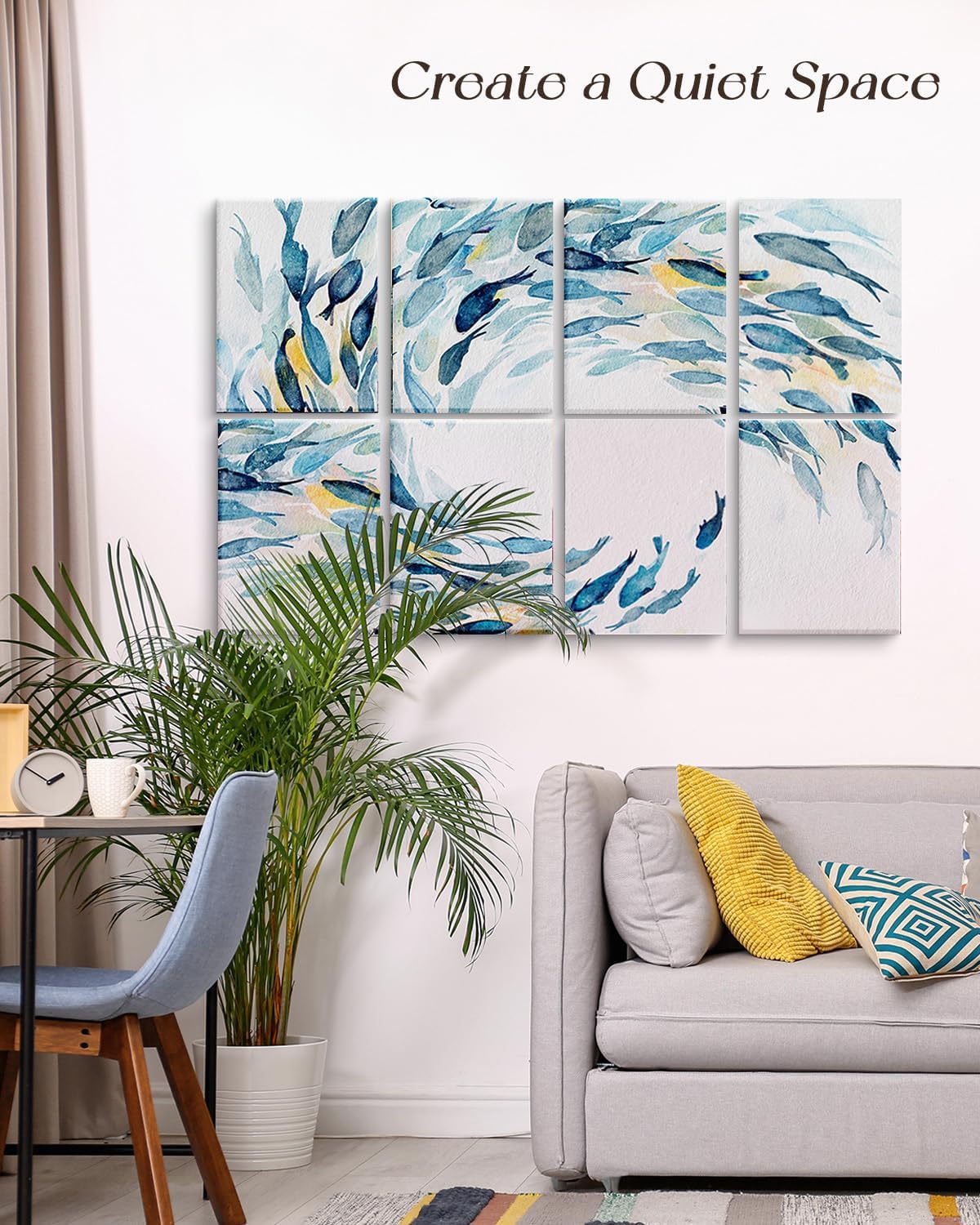 ARPEOTCY Acoustic Art Wall Panels for Bedroom, Recording Office, podcast, TV, 48x32in, Ocean Wall decor, Watercolor Fish Art Picture, Soundproof Sound Absorbing, 8pcs