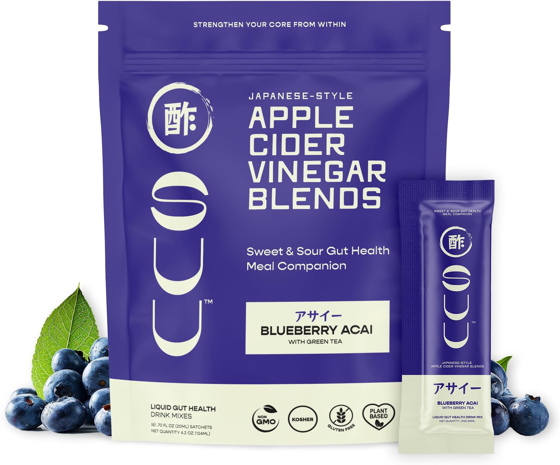 SUU Apple Cider Vinegar Hydration & Gut Health Drink|Prebiotic,Probiotics Digestive Health for Women & Men|Metabolism Boost & Wellness Support|Blueberry Acai with Green Tea & Natural Honey Sweetener,6 Servings