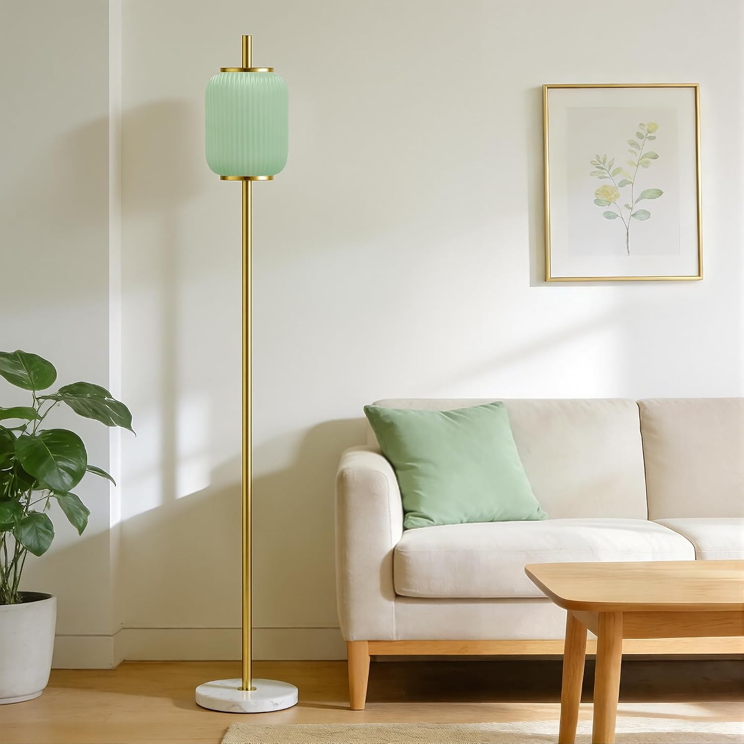 Maxax 64" Glass Floor Lamp for Living Room, Minimalist Brushed Gold Standing Lamp with Green Stripe Glass Shade & White Marble Base, Mid-Century Tall Pole Light for Bedroom Home Office Decor