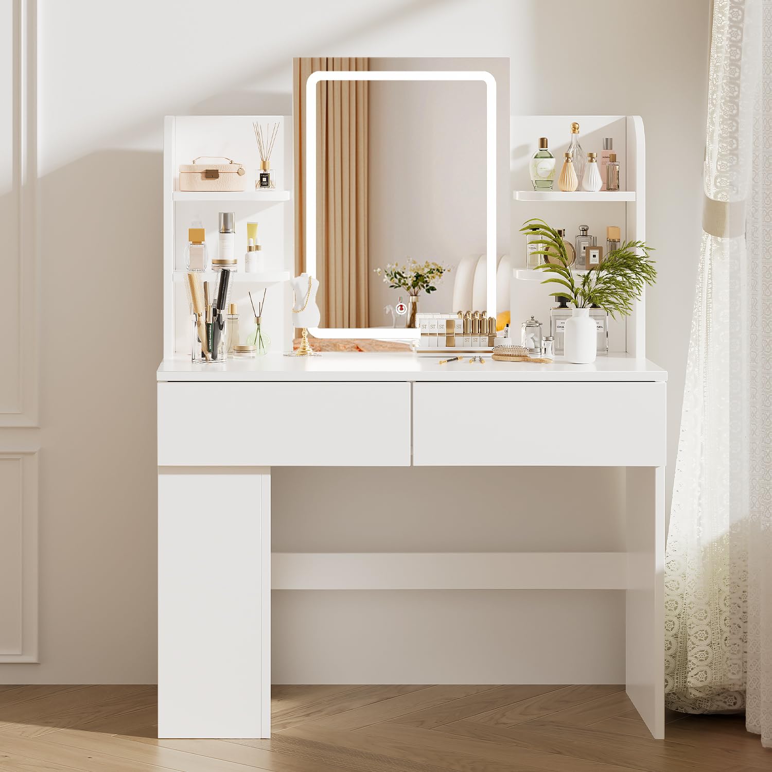 Airfish Schminktisch mit Beleuchtung, Schminktisch mit Spiegel und Verdeckter LED Lichtleiste, DREI Farbtemperaturen und Helligkeit Einstellbar, Zwei Schubladen und EIN Anrichten, Weiß