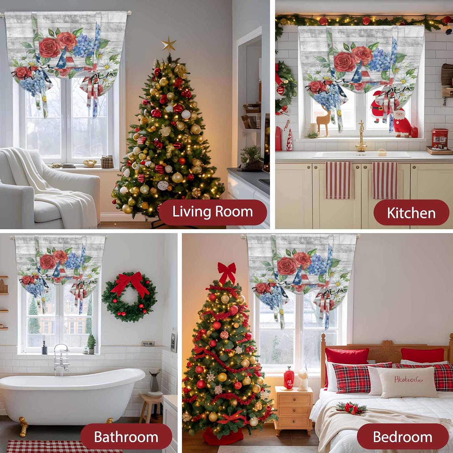 Independence Day Wreath Tie Up Curtains for Windows 63 Inch Length Balloon Curtains Kitchen Adjustable Balloon Window Shade Spring Red Roused Grey Wooden Tie Up Valance Bathroom Curtain Window 46"x63"