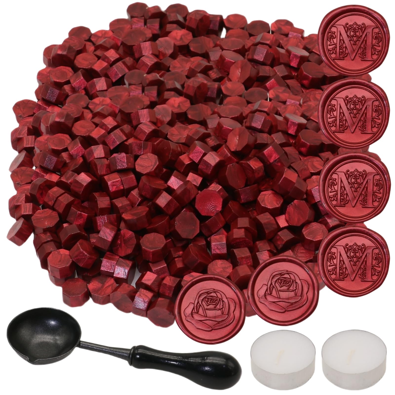 300Pcs Wax Seal Beads Set with Non-Slip Melt Spoon and Candles, Wine Red Sealing Wax Pellets Bead Great for Seals Stamp, Wedding Invitations, Xmas Gift, Envelope Seal (Dark Red)