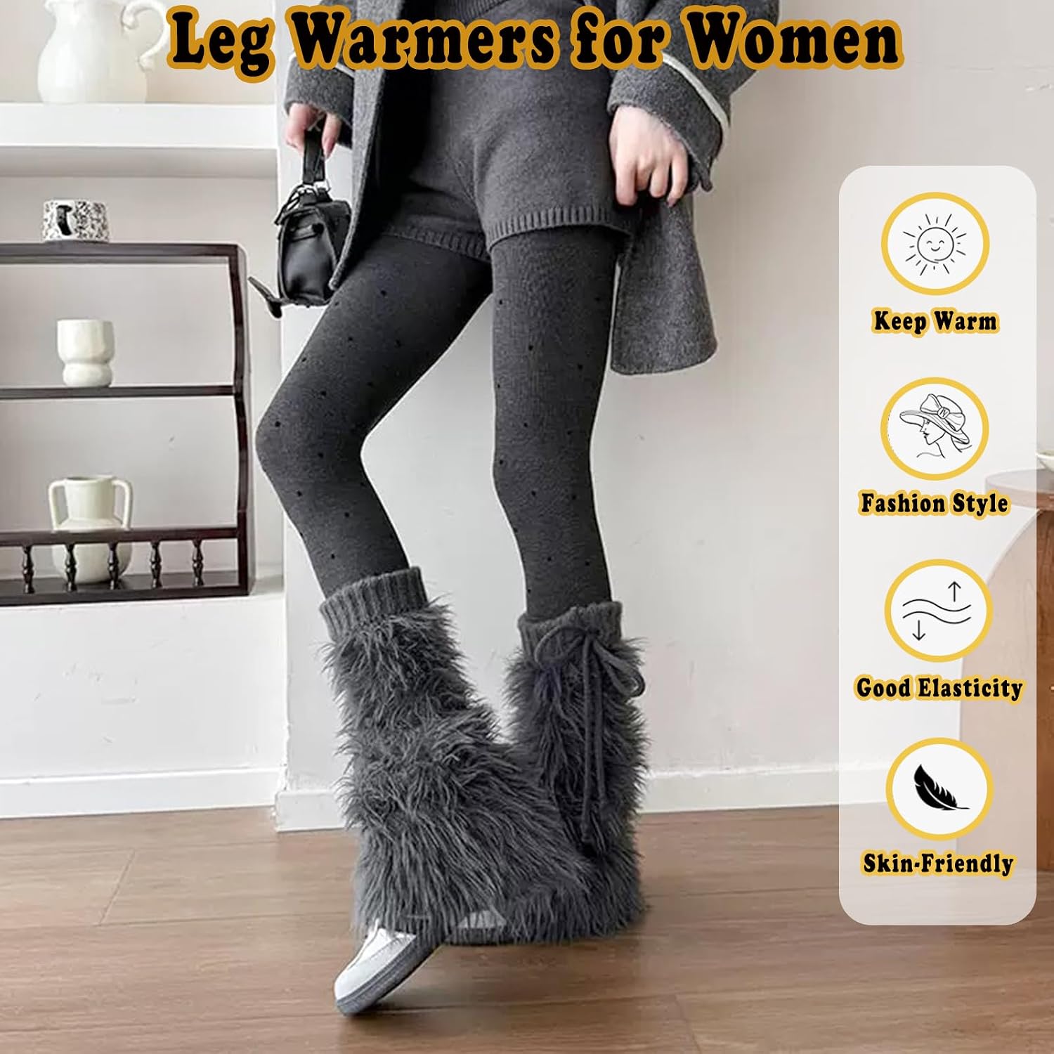Faux Fur Furry Leg Warmers for Women Girls, Warm Knit Fuzzy Boot Covers Long Boot Cuff Boot Sleeves, Gray Fluffy Legwarmers for Winter
