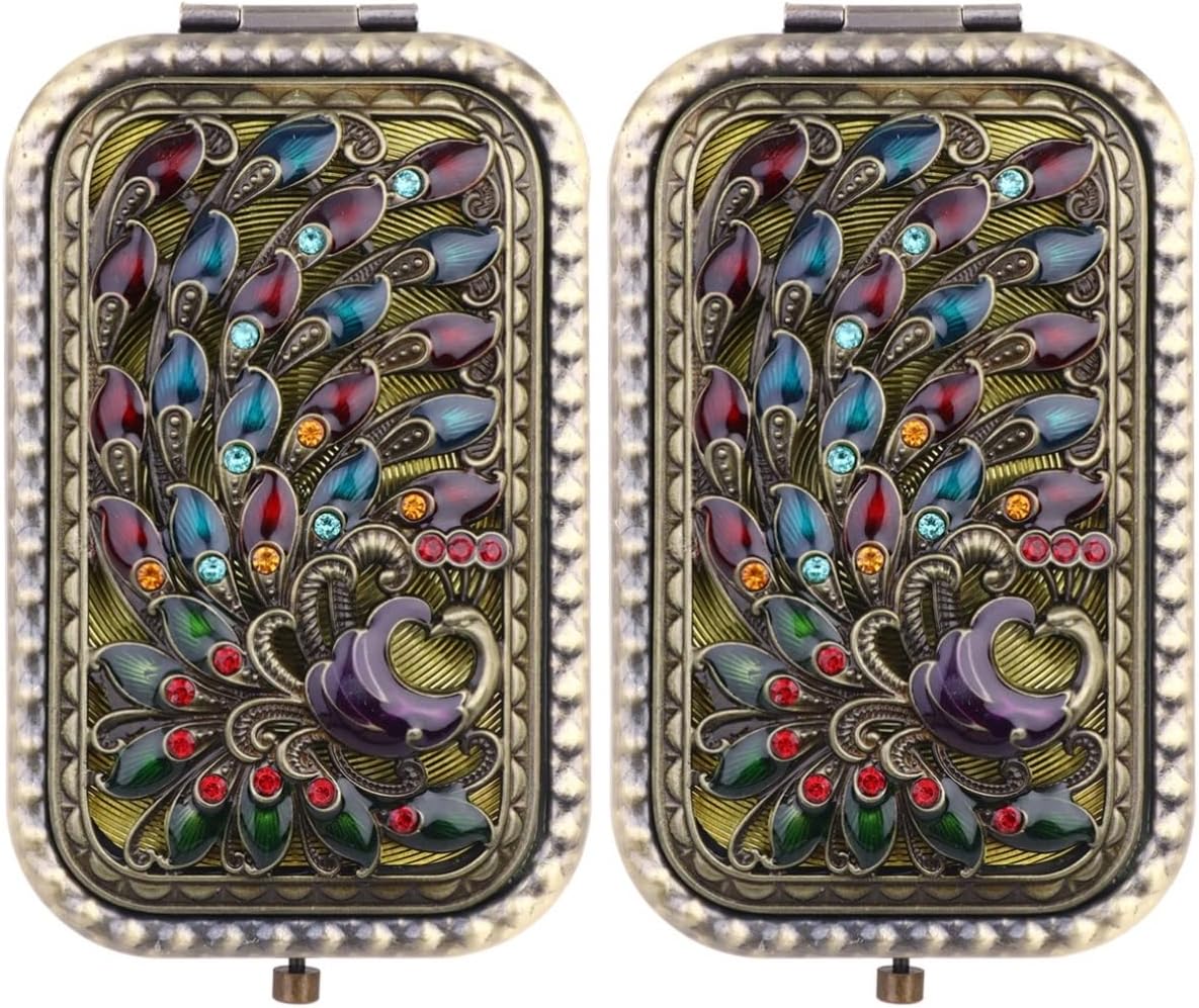 Beaupretty 2pcs Sided Mini Mirror, Antique Pocket Peacock Women Double Mirrors Girls Clasp Ourdoor Foldable Rhinestone Button Vanity Handbag Mirror, Vintage Compact Purses Beauty