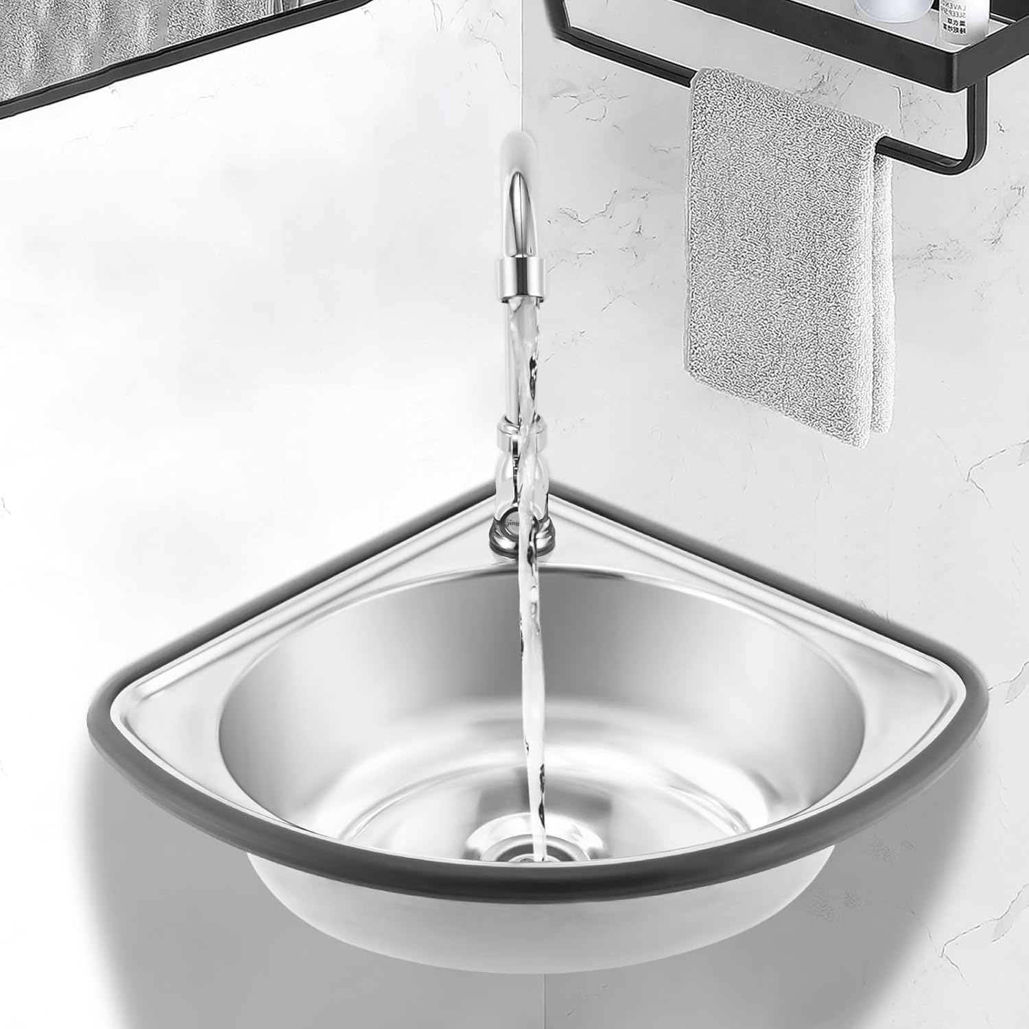 Stainless Steel Wall-Mounted Single Bowl Sink, Triangle Wash Basin Thick Small Sink Corner With Faucet And Drain Kit, For Kitchen Bathroom Lavatory Bar Laundry