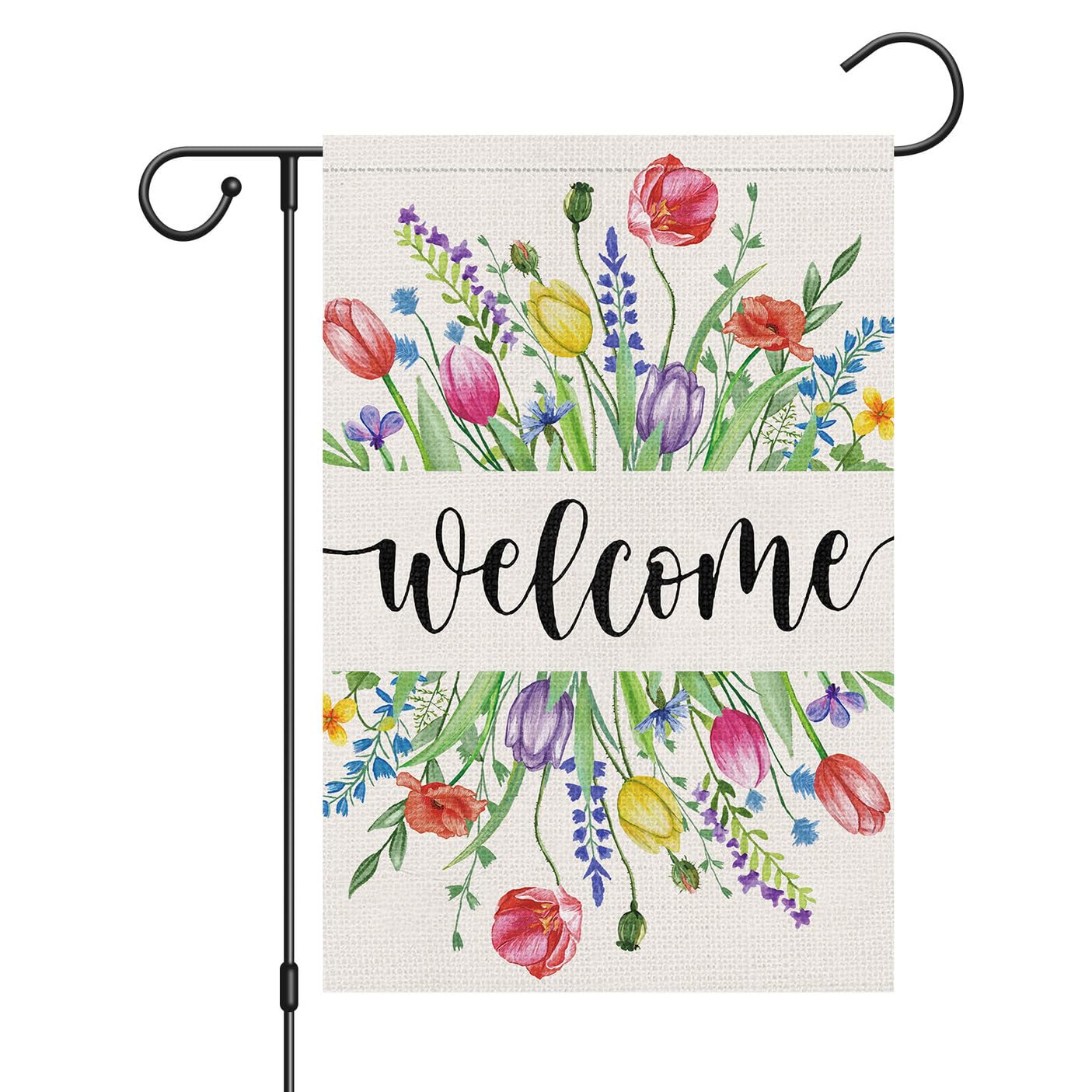Louise Maelys Welcome Spring Garden Flag 12x18 Double Sided Vertical, Burlap Small Tulip Floral Flower Garden Yard House Flags Outside Outdoor House Hello Spring Summer Decoration (ONLY FLAG)