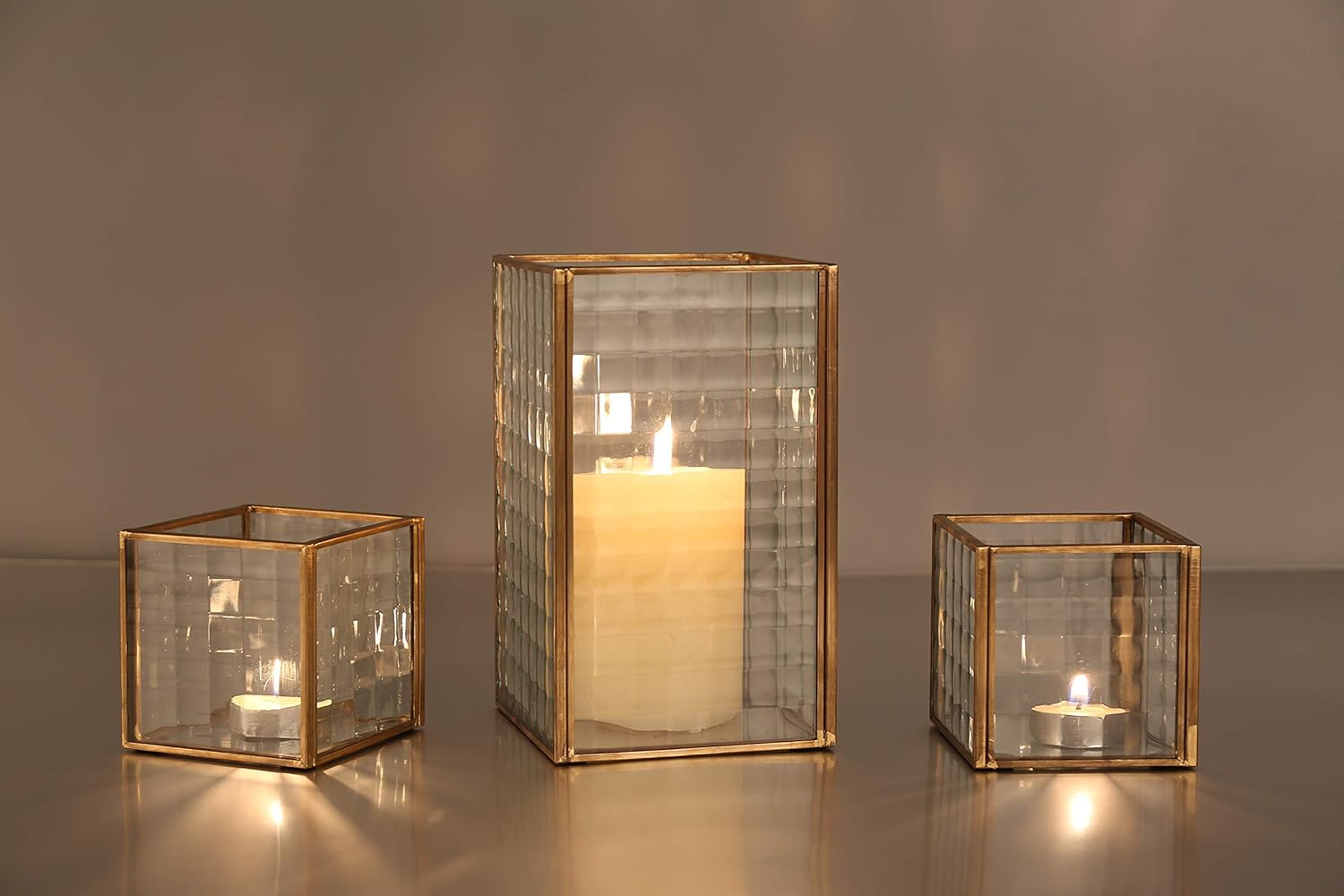 JHY Design Set of 3 Copper Frame with Texture Glass Hurricane Candleholder Lantern Decorative Box Plant Terrarium Tabletop Curio Case/Shadow Box Great : Home & Kitchen