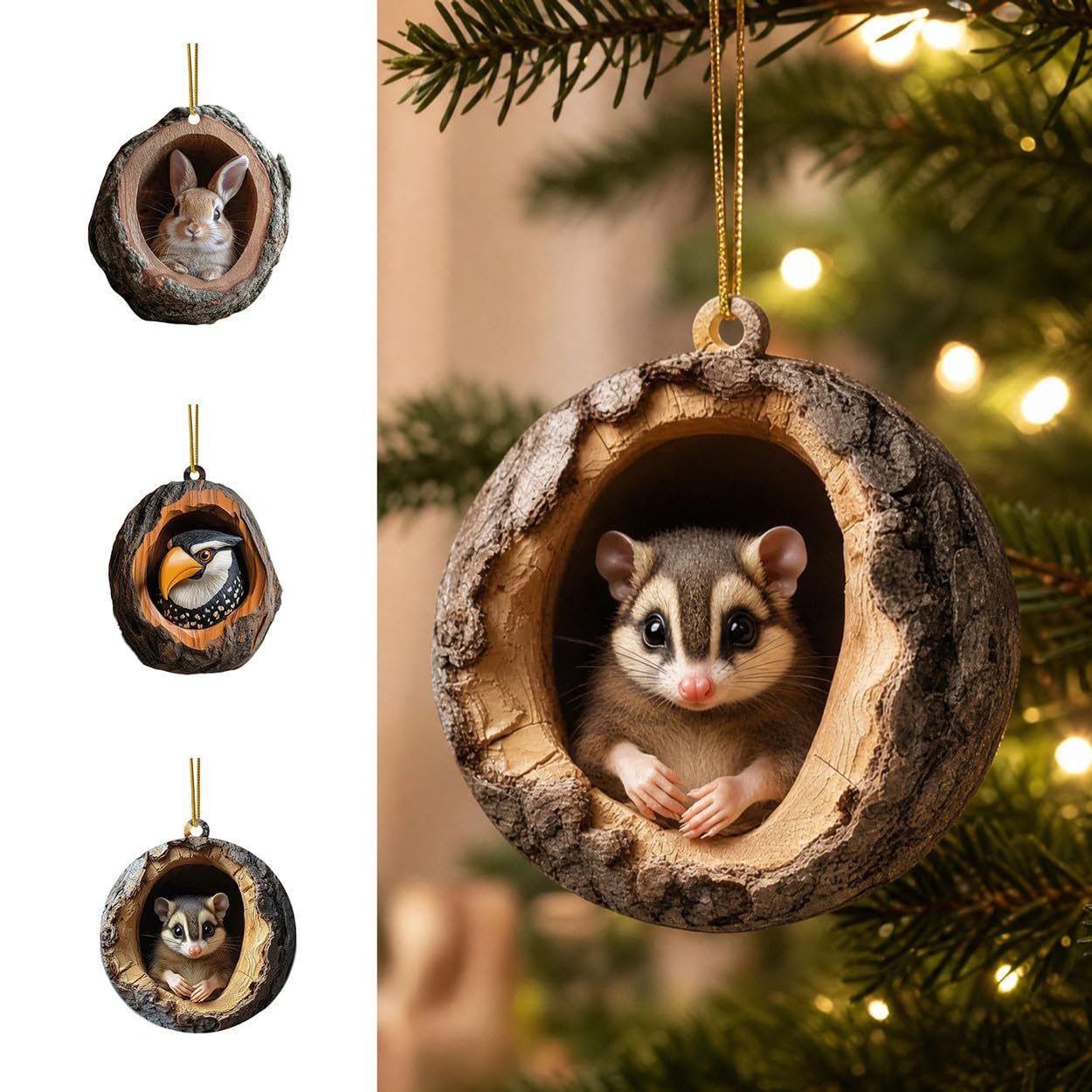 Waldtiere Eicheln Ornamente, 3D Harz Christbaumschmuck mit Tannenzapfen，3PC