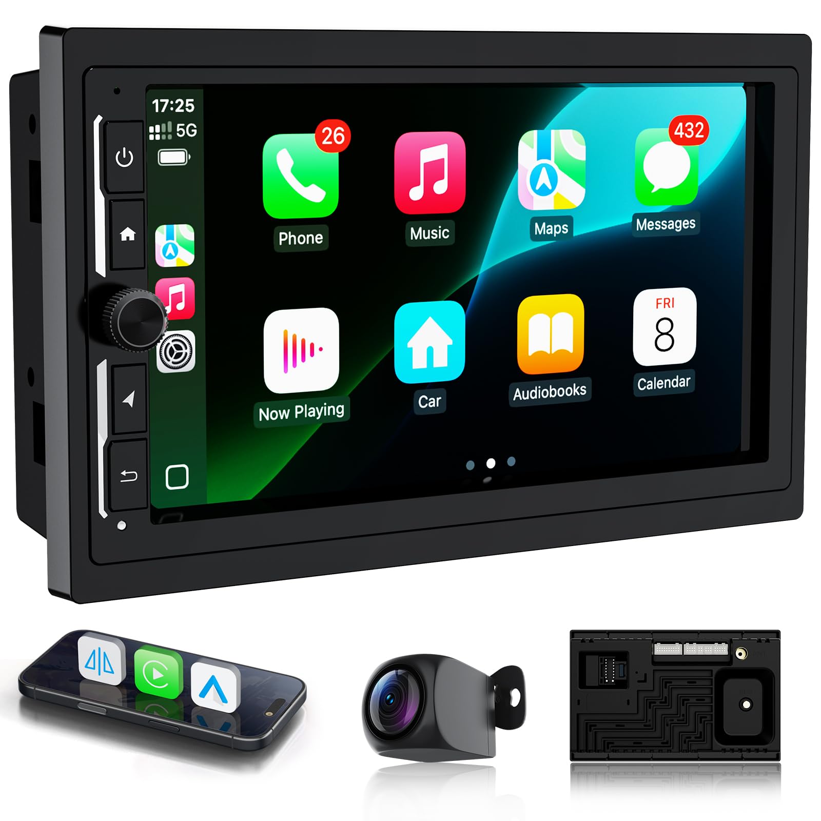 Haudio 7 pulgadas Radio Coche 2 DIN con CarPlay Inalámbrico y Android Auto Inalámbrico,Autoradio Soporte con Bluetooth 5.0 y Mirror Link,Radio FM,AUX,con Cámara de Respaldo|Android 13 Carplay Pantalla