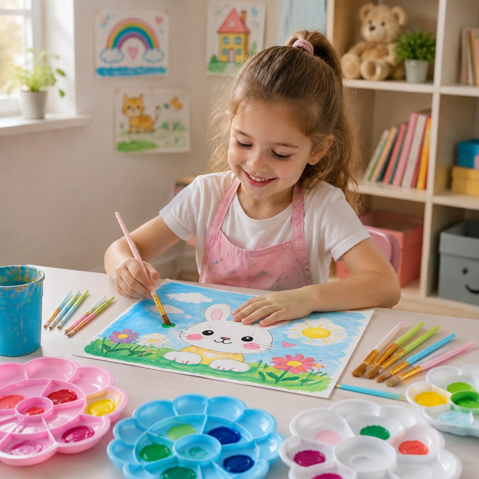 Silipull Juego de 88 pinceles y paletas de pintura, paquete de 8 suministros de arte a granel incluye 80 pinceles (10 tamaños) y 8 bandejas grandes de pintura de flores, colores pastel para niños