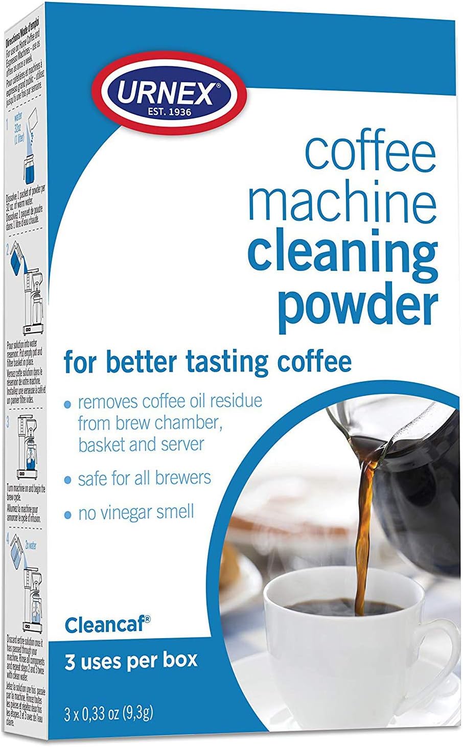 Urnex Coffee Maker and Espresso Machine Cleaner Cleancaf Powder - 3 Packets - Safe On Keurig Delonghi Nespresso Ninja Hamilton Beach Mr Coffee Braun