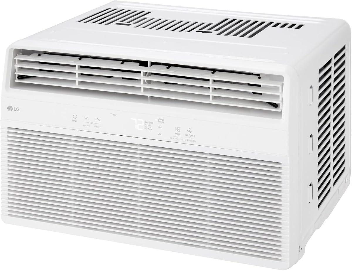 Aire acondicionado de ventana LG 8,000 BTU con deshumidificador, 115V, aire acondicionado de ventana para habitaciones medianas de hasta 350 Sq. Ft. (25' x 14'), Unidad de ventana AC con control remoto, 3 velocidades, reinicio automático, temporizador de 24 horas, blanco | 115V, deshumidificador, control remoto, temporizador de 24H, 3 velocidades, reinicio automático, para habitaciones medianas de hasta 350 pies cuadrados.