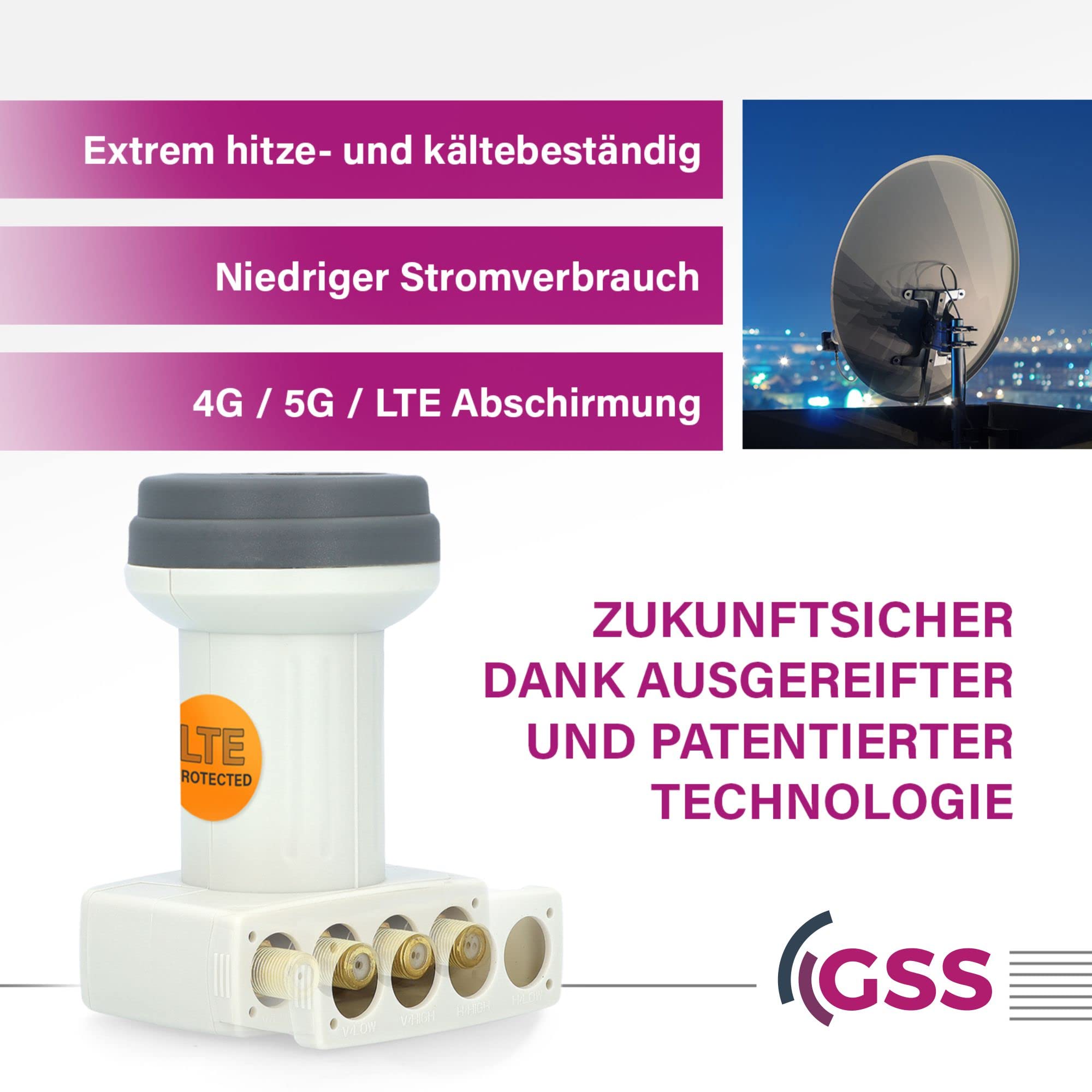 [ Test SEHR GUT, Note 1.2 *] GSS Helios Quad LNB mit LTE Abschirmung & Sun Protect UV Schutz, 4Fach HD 4K LNB für 4 Teilnehmer für Direktanschluss (TV Fernseher, Sat Receiver) LMB für Satelliten