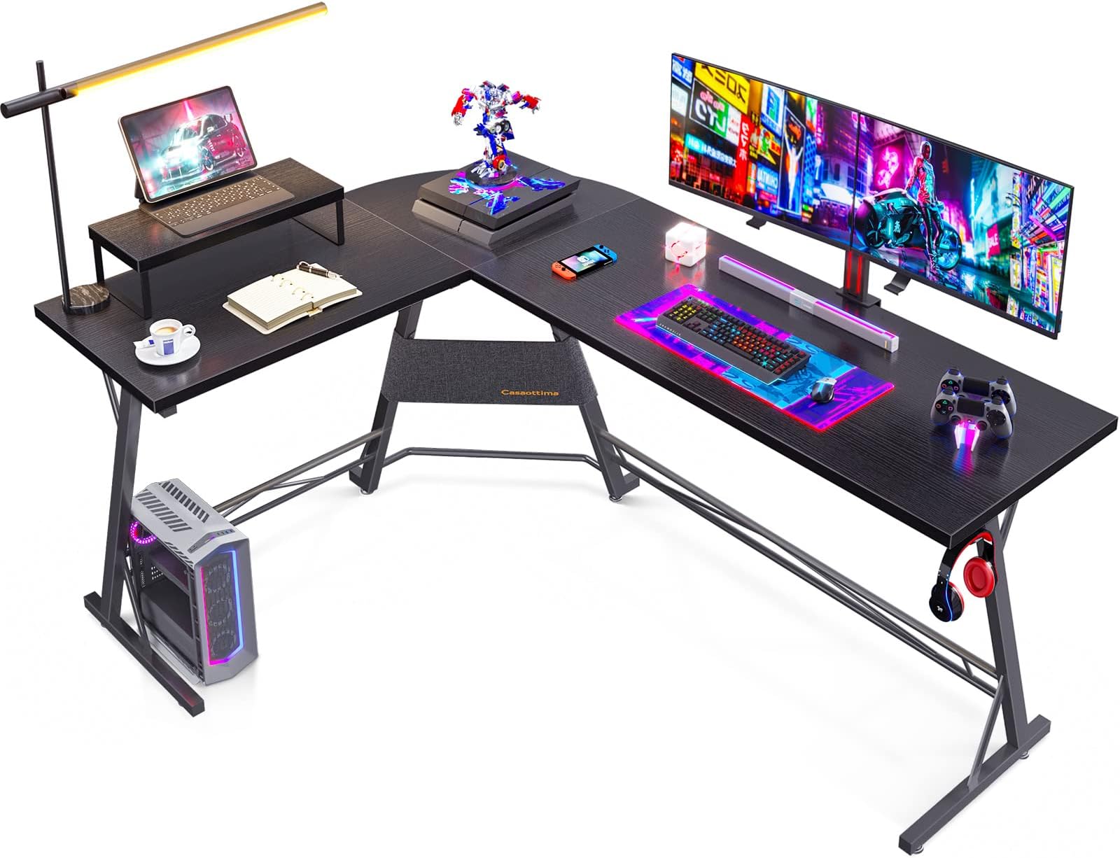 Gaming Desk L Shaped Computer Desk, Corner Desk for Home Office with Monitor Stand 66", Black