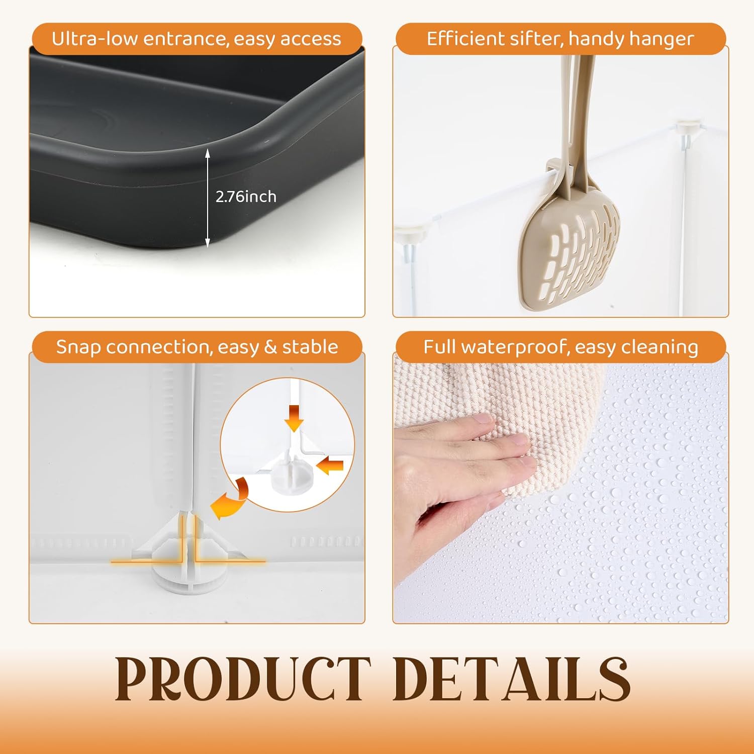 4 in 1 Low Entry Senior Cat Litter Box Large Plastic Pet Litter Box Shield Set with Enclosure Cover Splash Guard Extra Cat Pet Mat and Scoop Easy Clean Low Entry Open Top Pad for Kitten Frail Disabled