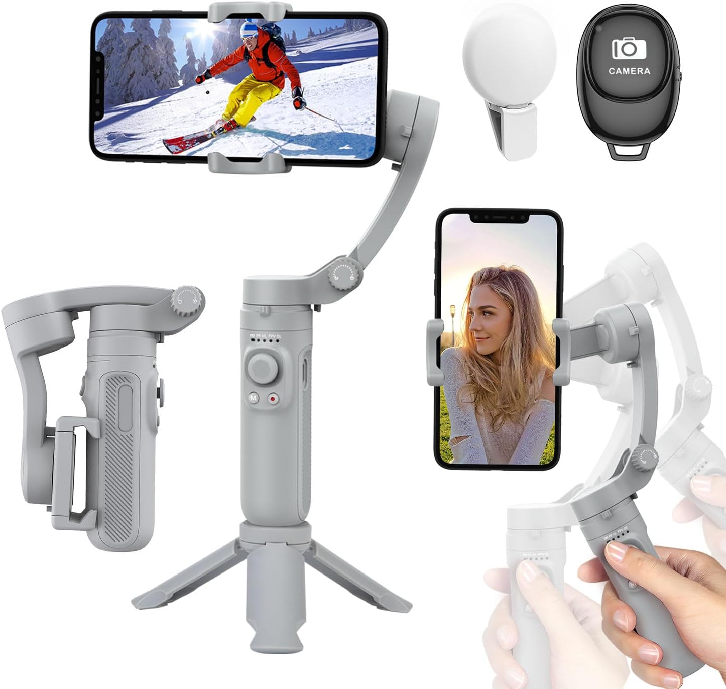 - 3-Axis Cell Phone Stabilizer, Smart Gimbal with Light, Portable and Foldable, Ideal for Vlogging, Youtube, TikTok and Vlog Live for Android and iPhone