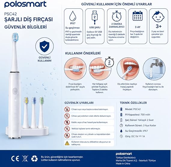 Polosmart Şarjlı Diş Fırçası - PSC42 3+1 başlık