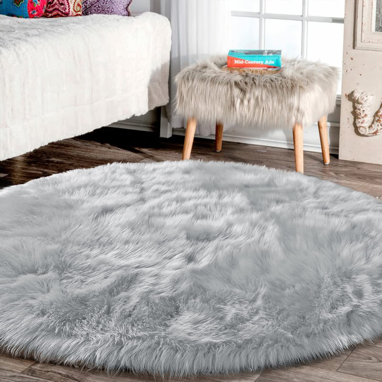 Latepis Round Area Rugs 8 Feet Grey Furry Rug Fluffy Shag Rug Fuzzy Throw Rug Washable Faux Sheepskin Fur Rug Plush Soft Rug for Living Room Bedroom Floor Rug Home Decor