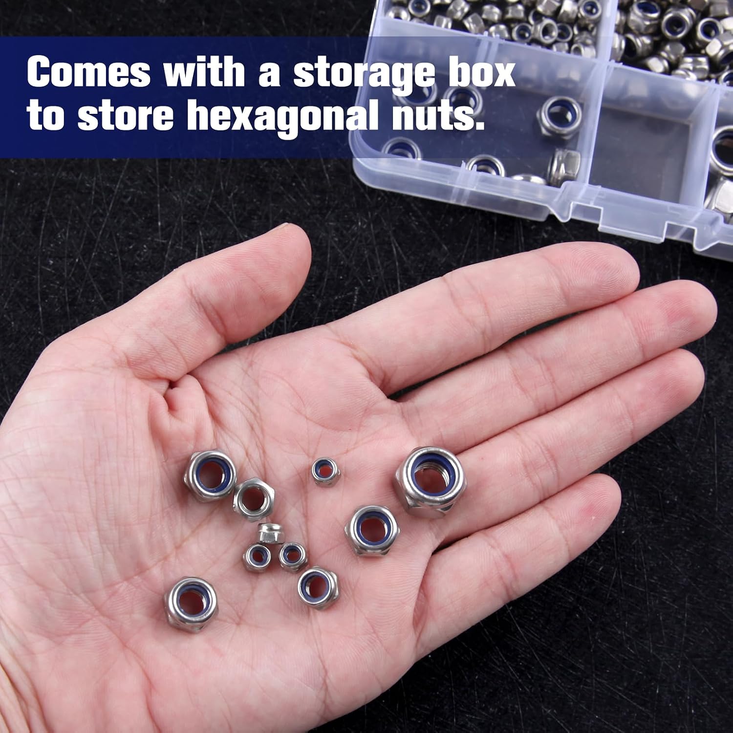 150 Pcs Metric Nylon Insert Hex Lock Nuts 304 Stainless Steel Locknuts Assortment Kit, M3 M4 M5 M6 M8 Standard Threaded Nylock Nuts for Screw Bolt, Self Locking Nuts Set with Storage Box