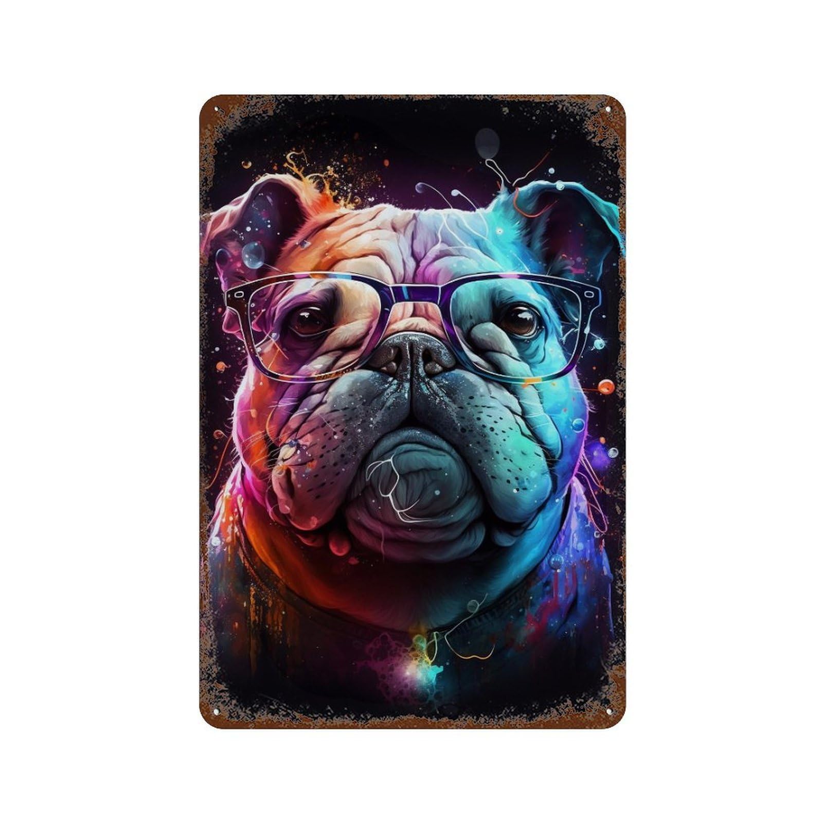 Colorful Bulldog Glasses Art Print Rust Effect Tin Sign 11.8"x7.9", Rustic Home Decor for Garage, Bar And Workshop Decor