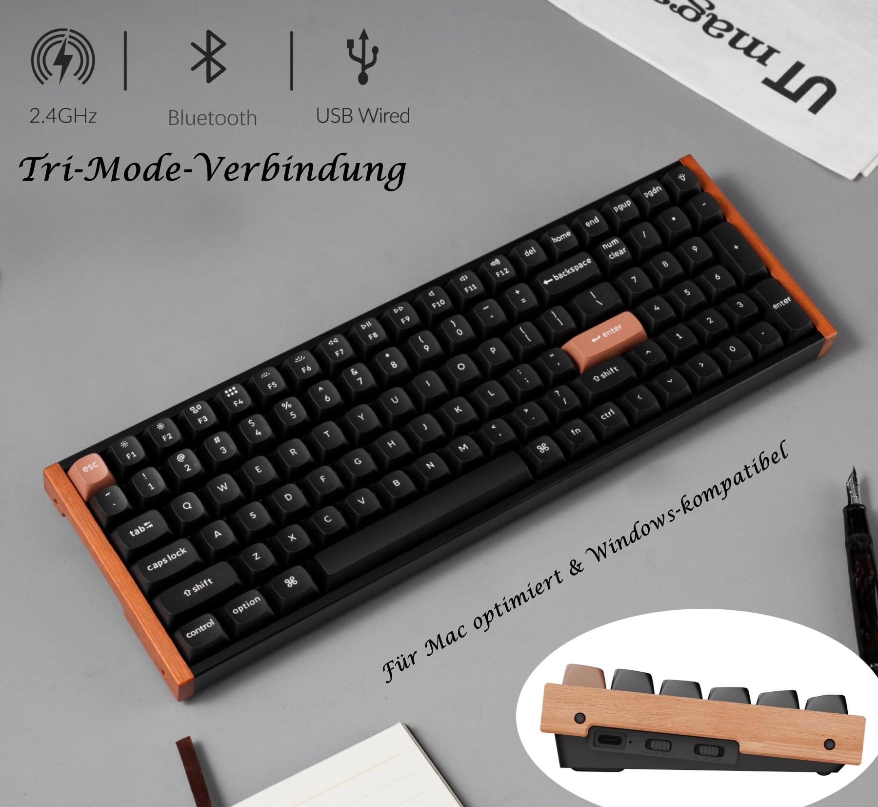 Keychron K4 HE 96% ANSI Wireless Mechanische Tastatur mit Magnet-Schaltern & Hot-Swap - Bluetooth/2.4GHz/USB-C, RGB-Beleuchtung QMK-Programmierung für Mac/Win, Holzdesign (Schwarz)