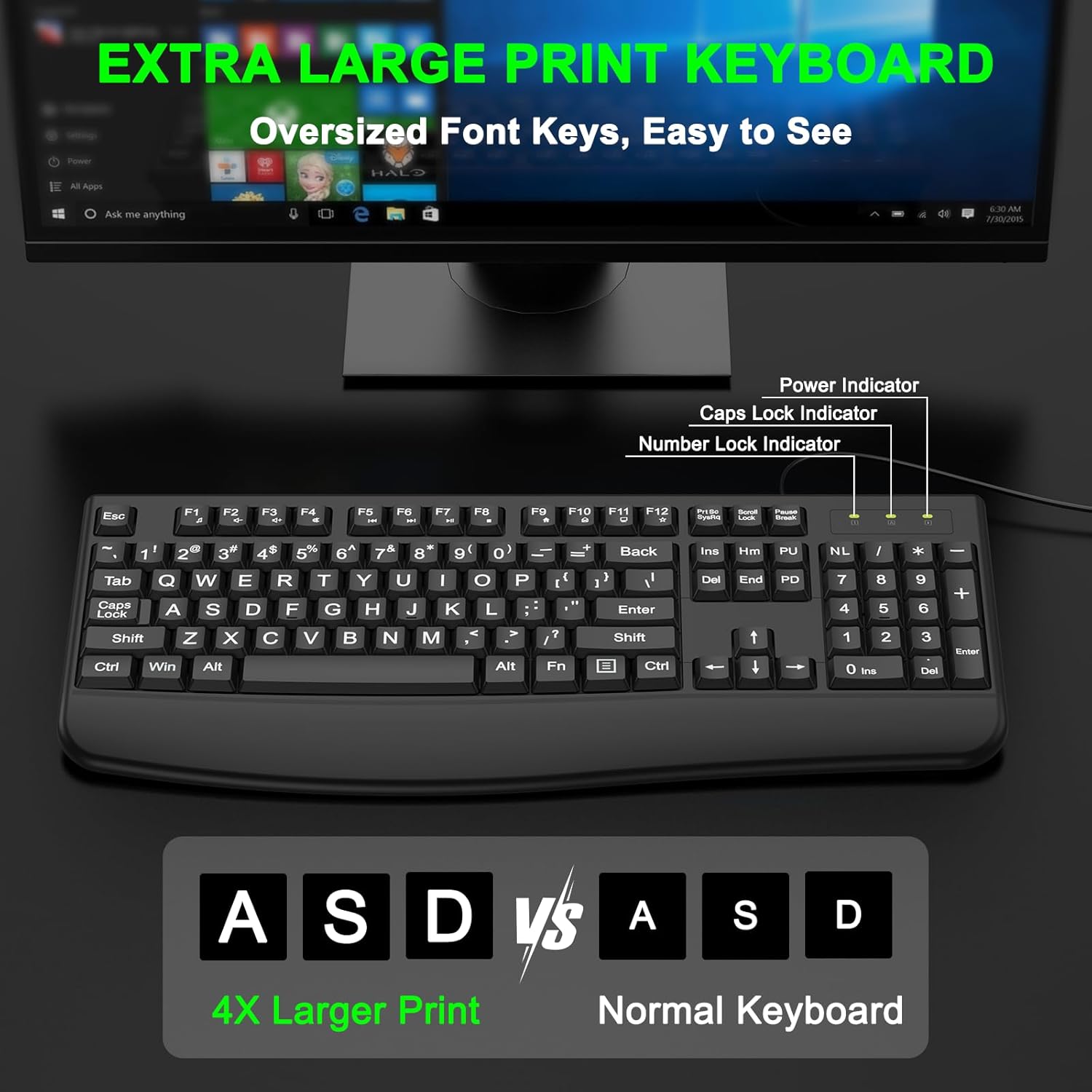 QUASIO Large Print Ergonomic Keyboard, Full Size Keyboard with Wrist Rest, Silent Wired USB Computer Keyboard Oversized Letter Keys 4X Larger Easy to See & Type for Laptop, PC, Windows, Desktop