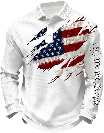 Mens Patriotic Henley Sweatshirt, American Flag 3-Button Casual Long Sleeve Pullover