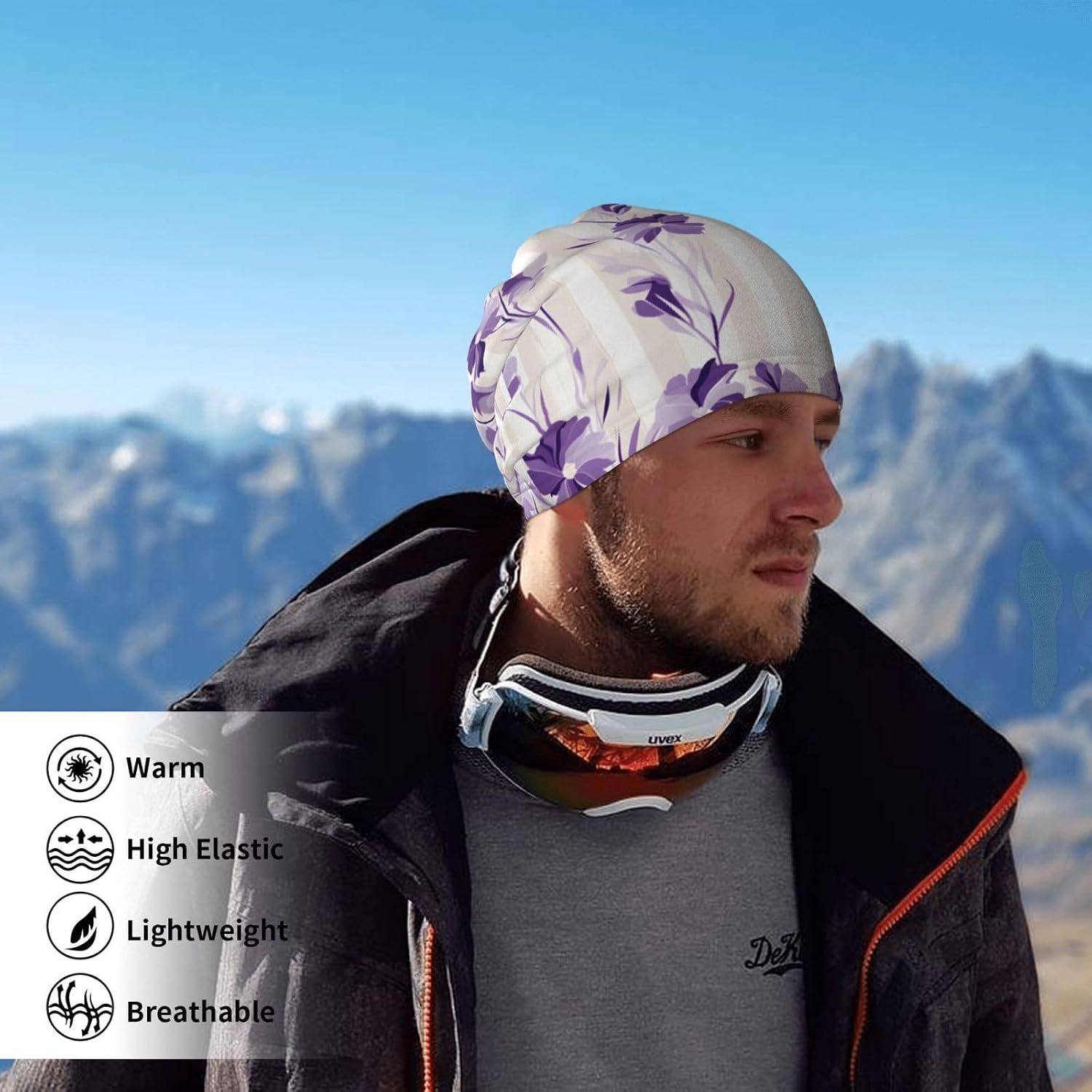 Winter Face Mask Elastic Headband Cold Weather Neck Warmer for Men Women, Purple Floral Stripes Adjustable Neck Gaiter