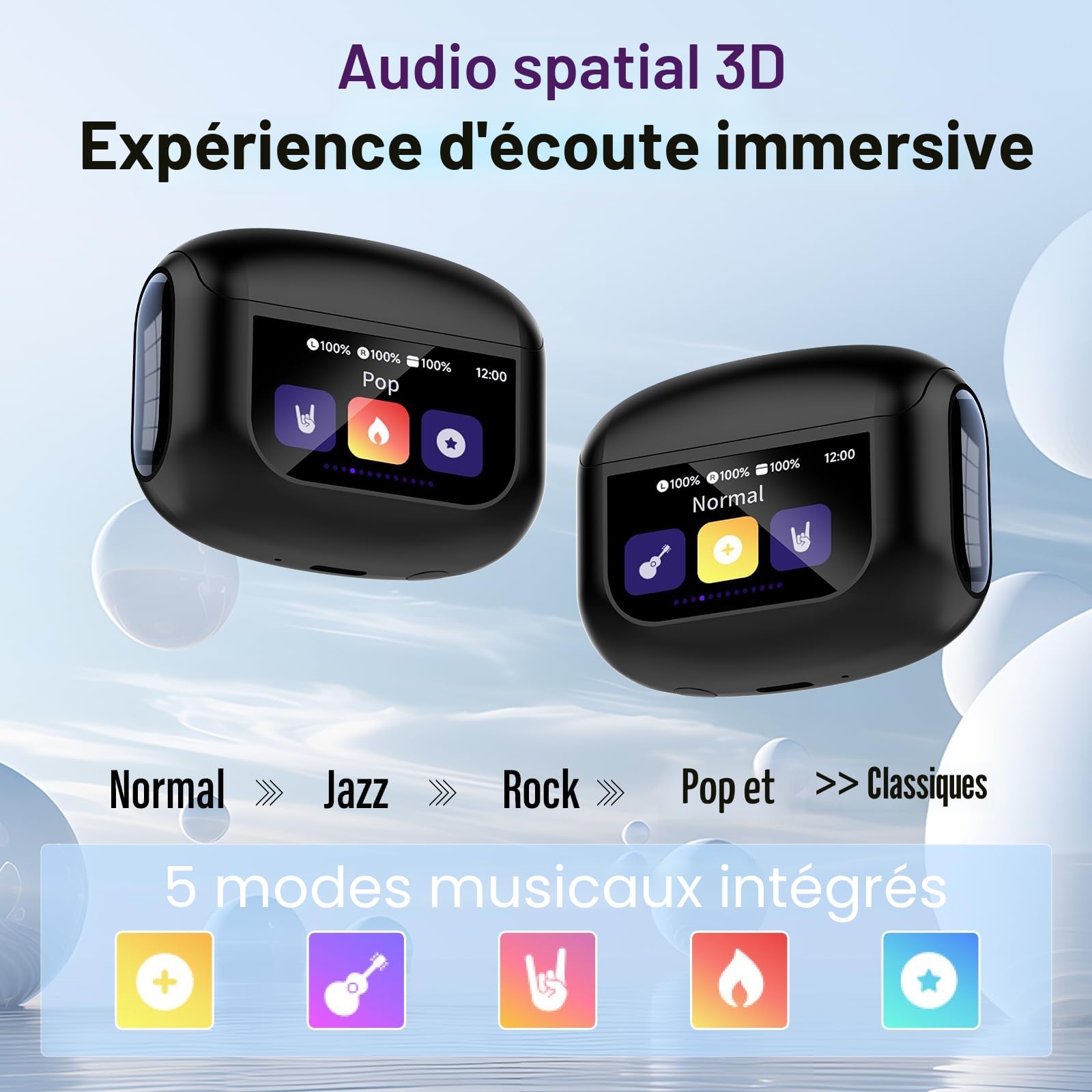 Ecouteurs Bluetooth sans Fil, 48H Écouteur Bluetooth 5.4 avec Écran Tactile Multifonction, IPX7 Étanche Stéréo Immersif Ecouteurs sans Fil avec Réduction du Bruit ANC/ENC/Mode Transparence/Mode 5 EQ