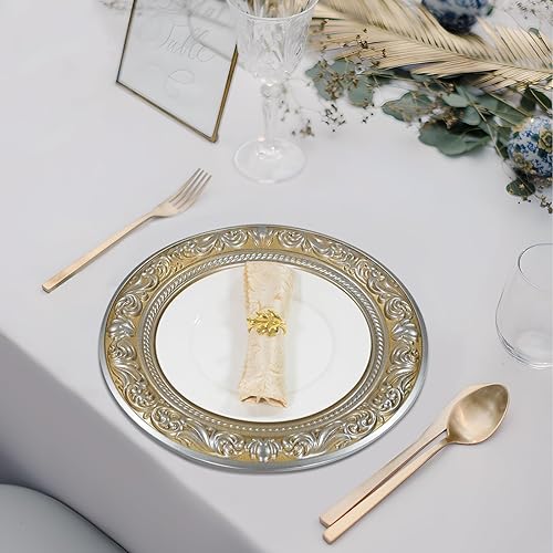 Miniatura 25 de MAONAME Platos de carga negros con borde dorado, cargadores redondos de platos antiguos para platos de cena, cargador de plástico de 13 pulgadas