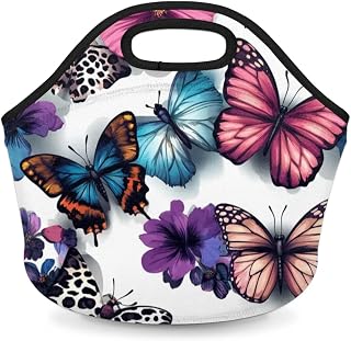 Neoprene Lunch Bag, Neoprene Lunch Box for Women Men Kids Fantasy Butterfly Flowers Reusable Foldable Soft Lunch Bag With Zipper, Insulated Lunch Sack for School Work Picnic