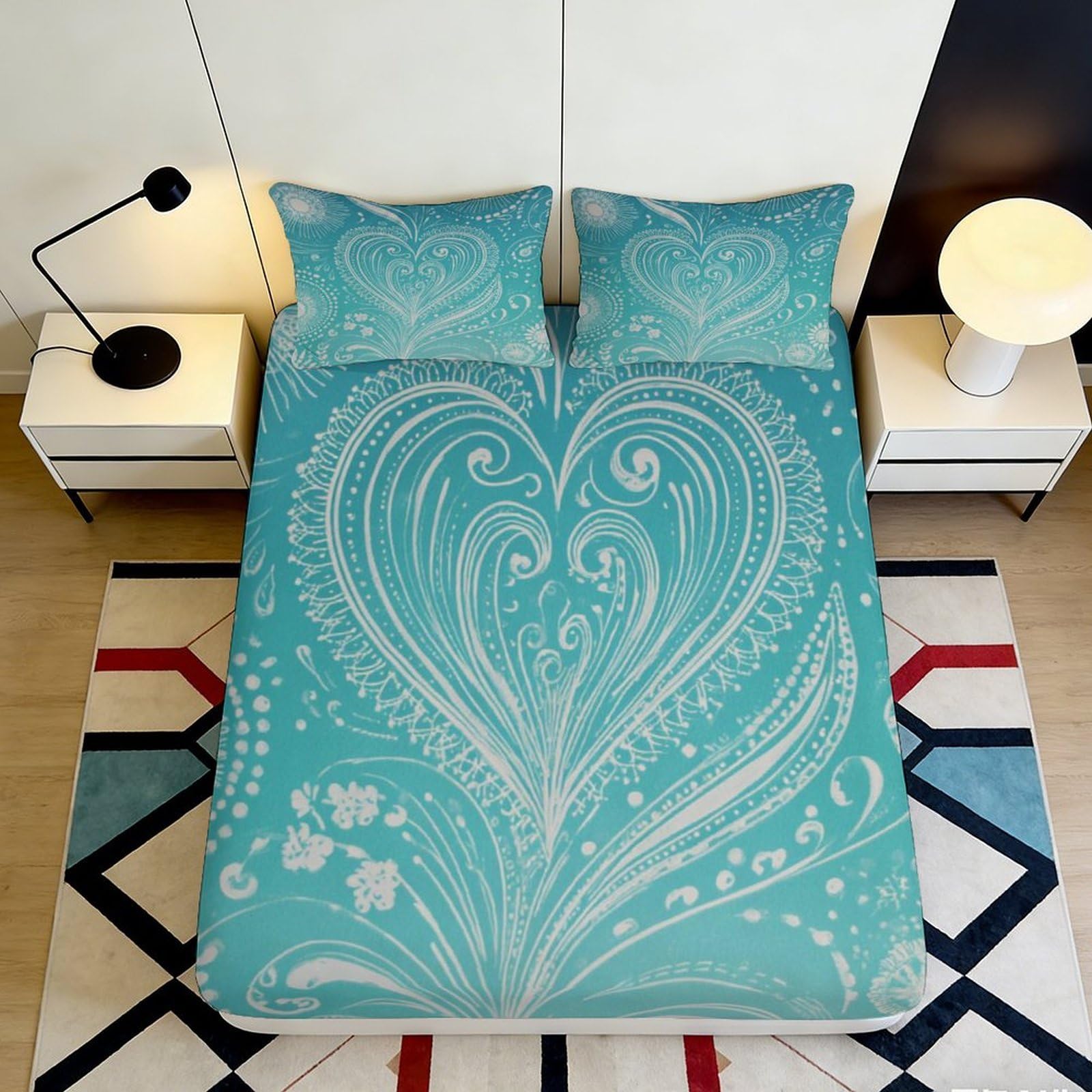 3D Printed Heart Floral Fitted Sheet Microfiber Deep Pocket Elastic Hem Heart Floral Mattress Fitted Cover Bedroom Bedding 200x200x25cm