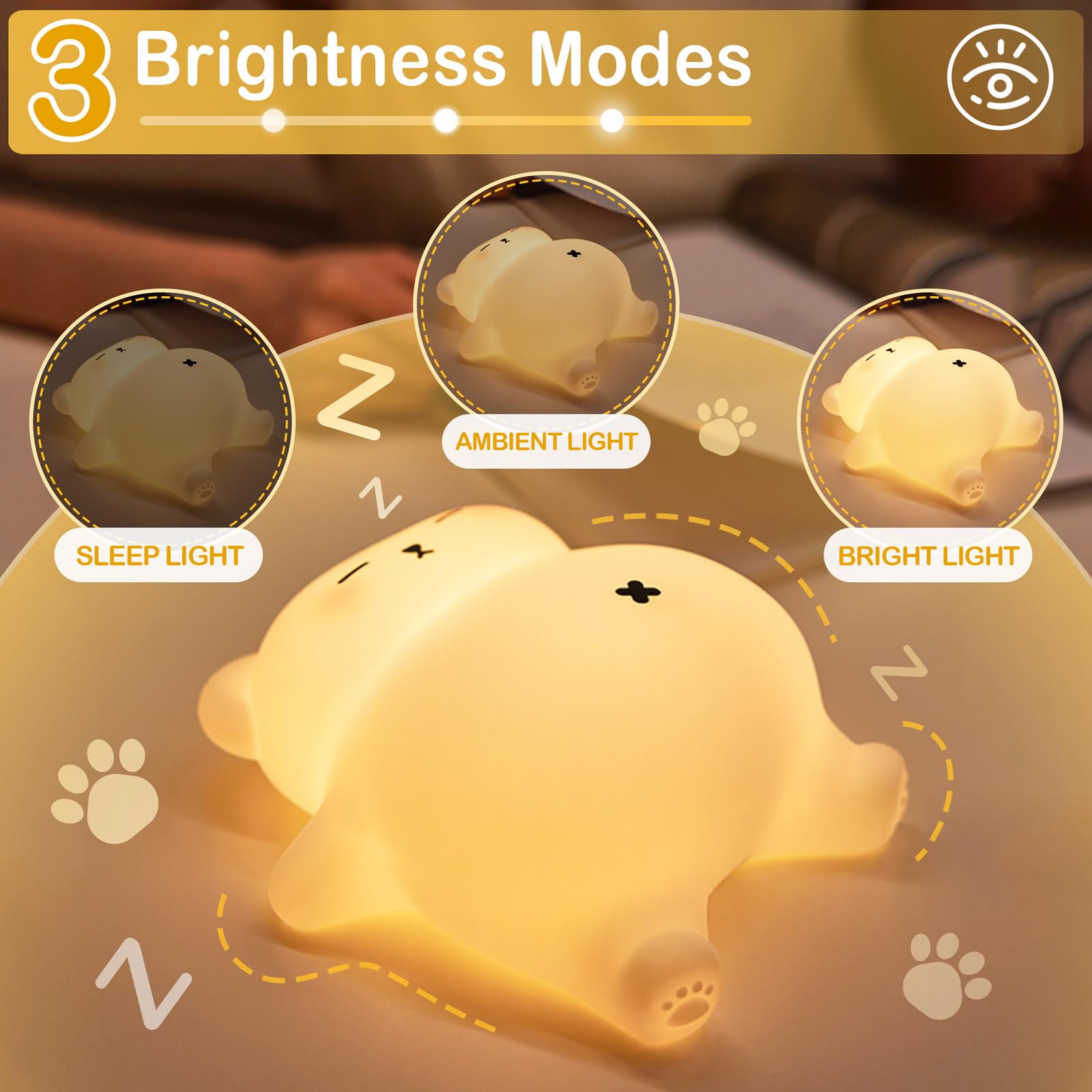 Luz nocturna de oso blanco ronquido, lámpara blanda recargable – Luz nocturna LED de silicona para guardería de animales Dimmanble Touch – Regalo lindo divertido de cumpleaños y Navidad para