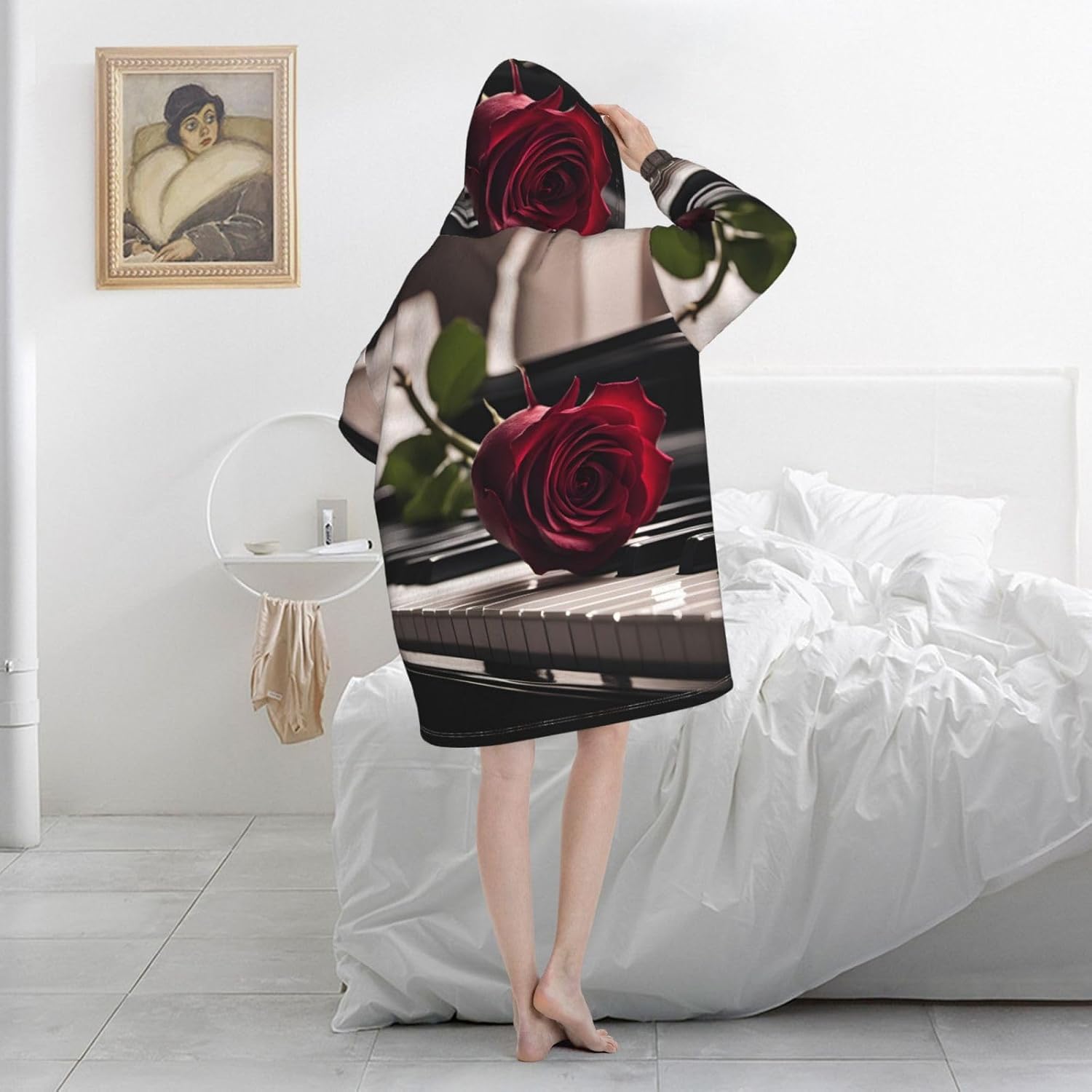 Red Rose On Pianoprint Oversized Hoodie Blanket, Super Soft Warm Comfortable Hoodie, Wearable Blanket Adult
