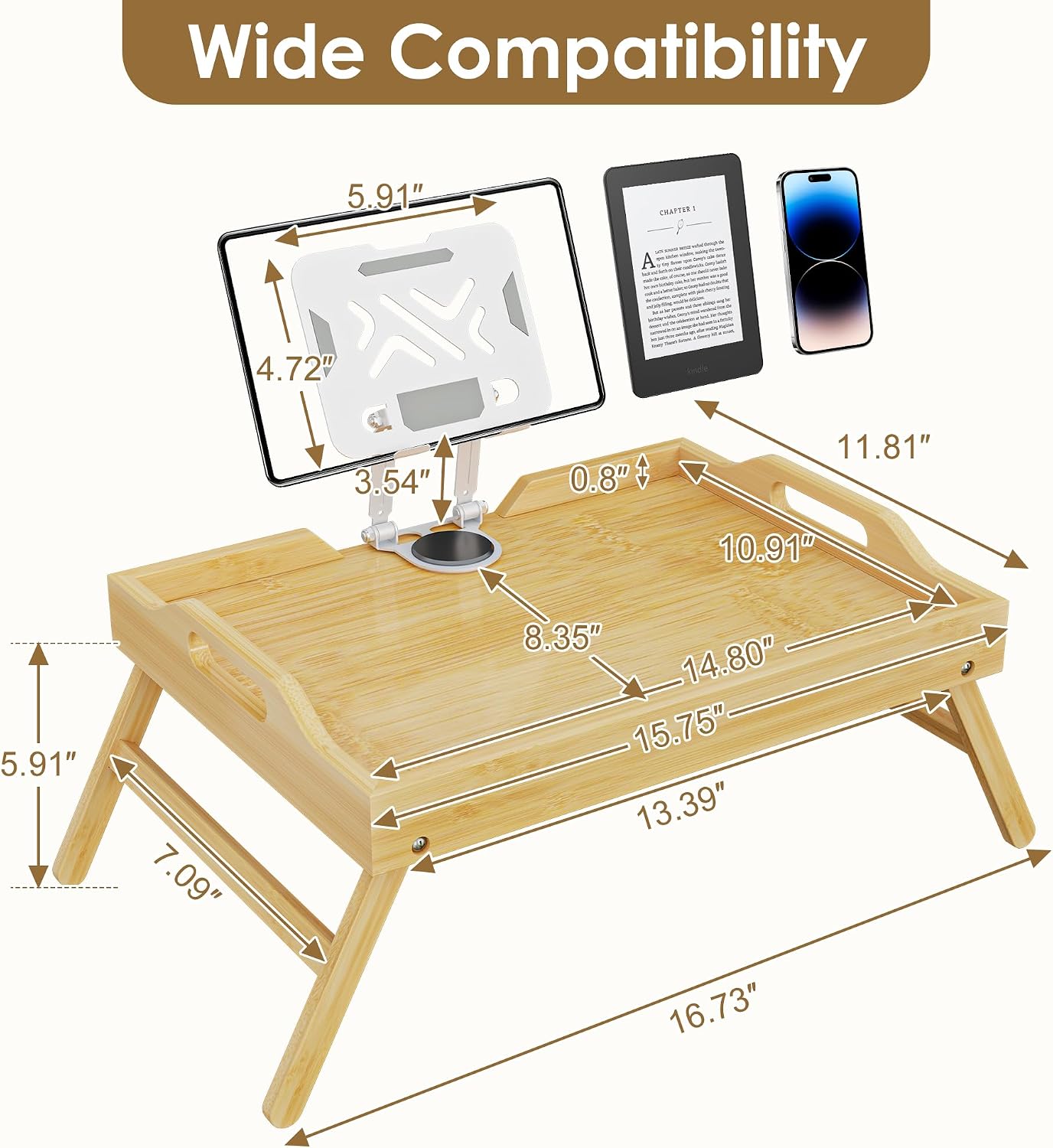 Bamboo Bed Tray Breakfast Table with Adjustable Phone Holder, Folding Legs