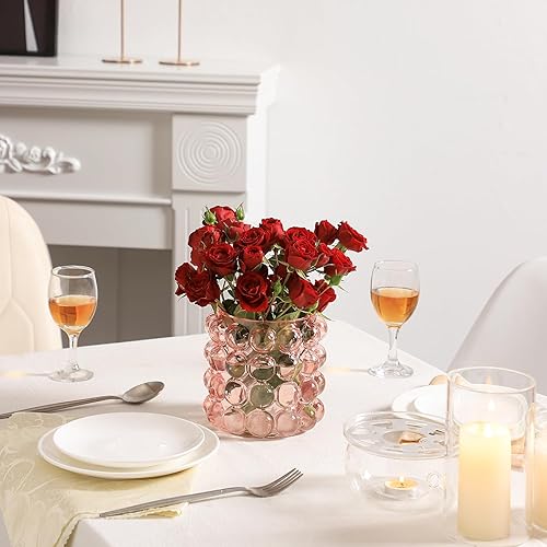 Miniatura 4 de Jarrón de cristal de burbujas, florero rosa, pequeños jarrones para flor, jarrones de vidrio cortos únicos para sala de estar, dormitorio, mesa de