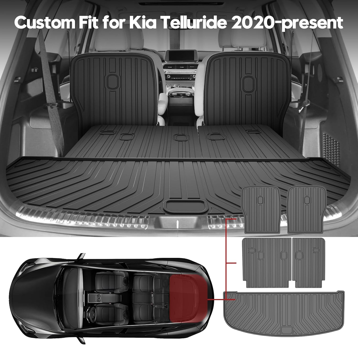 T TGBROS Cargo Mat for Kia Telluride 2020-2025 2026 All Weather Cargo Trunk Mat Cargo Liner Back Seat Cover Protector TPE Black Non-Slip Backrest Mats Trunk Mat(for 7 Seats)