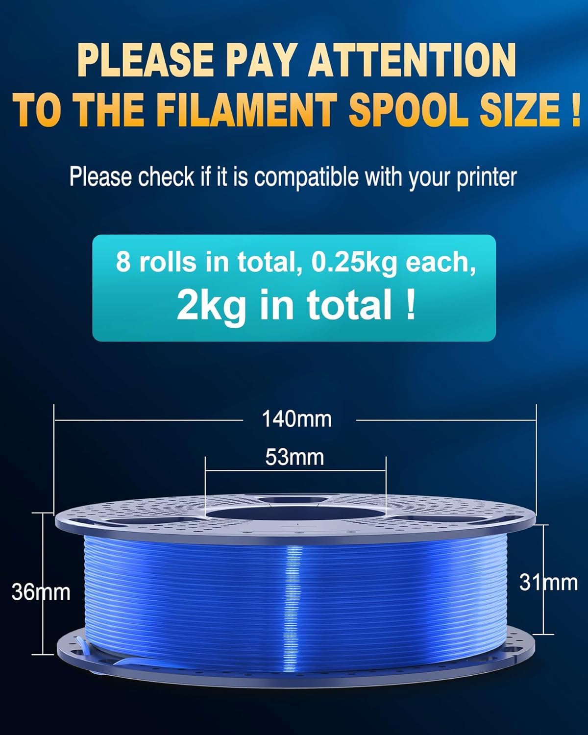 SUNLU 250G*8 PLA+2.0 Filament, 250G na Szpulę, łącznie 2 KG, Czarny+Biały+Szary+Czerwony+Niebieski Kleina+Żółty+Zielony+Pomarańczowy słoneczny