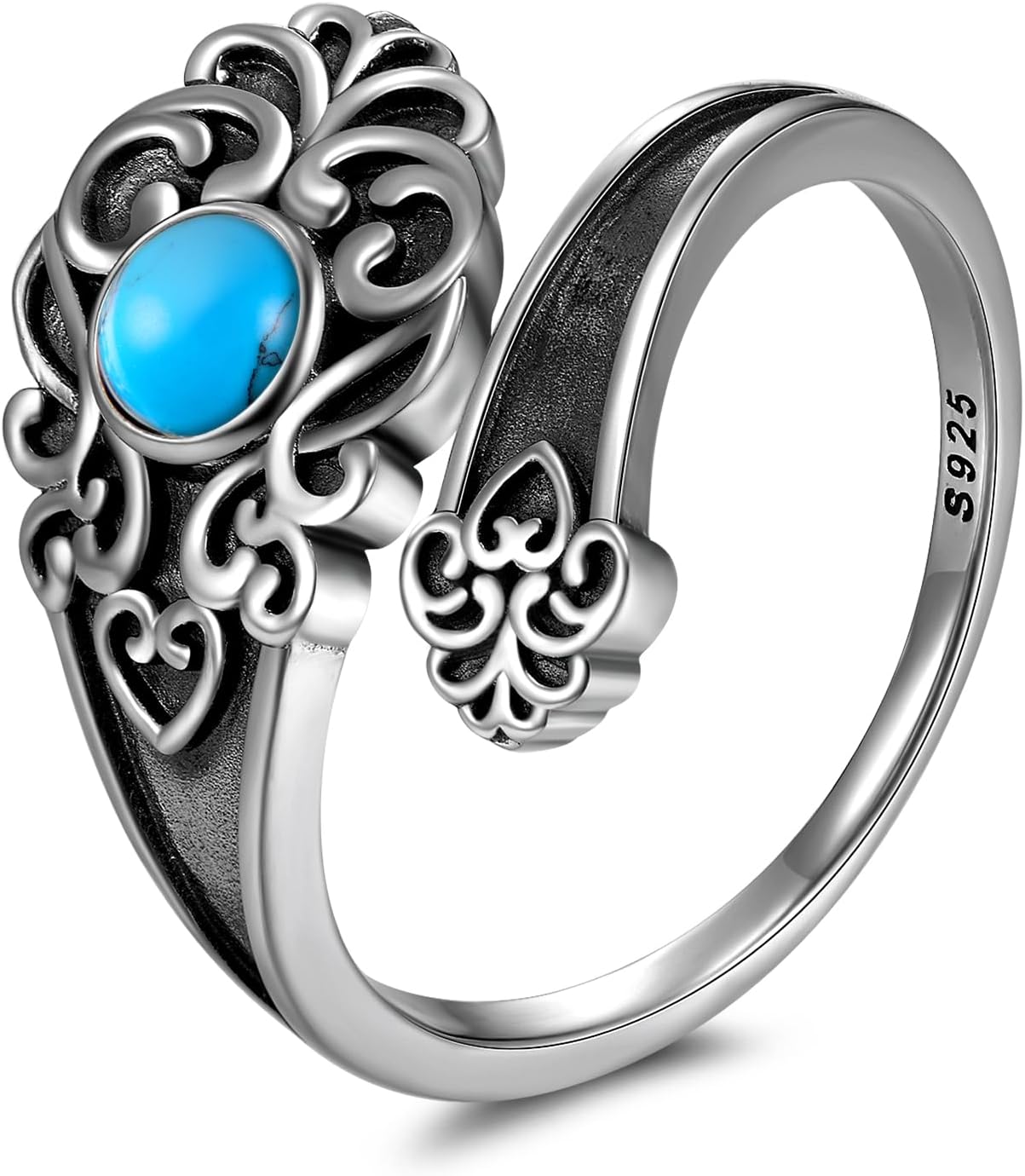TYSO Moonstone/Obsidian/Opal/Turquoise Spoon Ring 925 Sterling Silver Open Adjustable Ring Oxidized Victorian Vintage Flower Thumb Rings for Women
