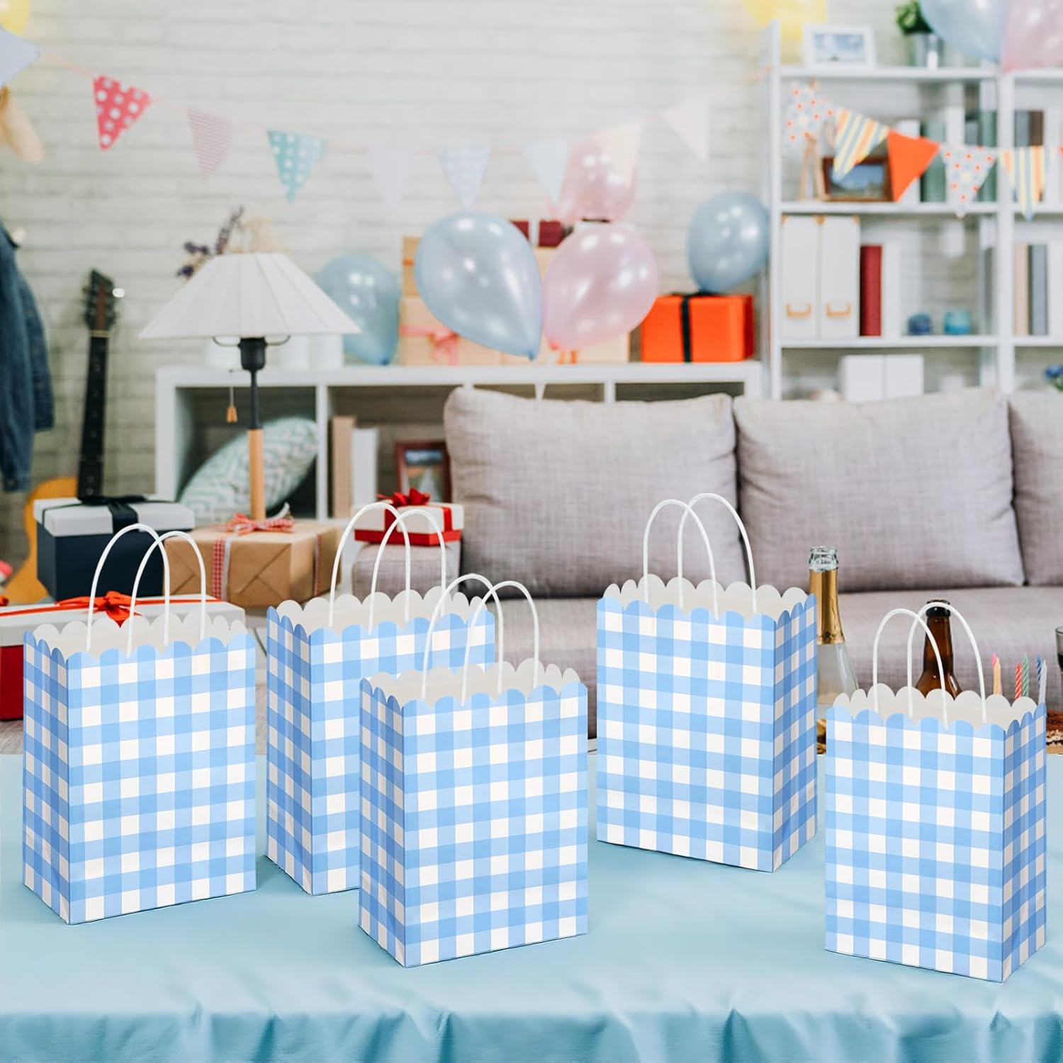 Polinook 40 Pcs Blue Gingham Party Supplies Gift Bag - with Handles Scalloped Plaid Paper Candy Bags - Double Side Kraft Paper Goodie Bags - for Spring Wedding Party Decor - Image 7