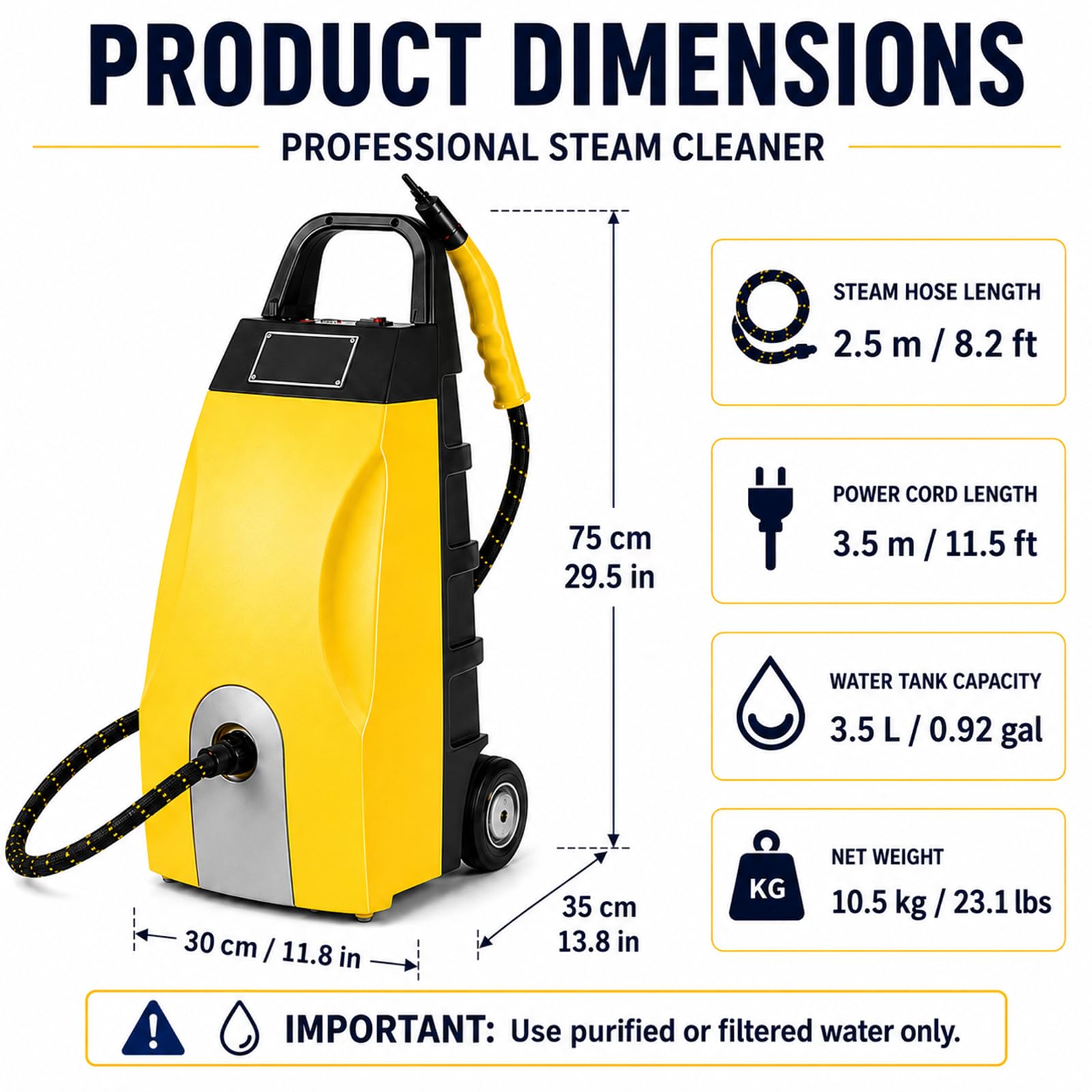 Limpiador a Vapor Industrial 3000W Alta Presión, 3,5L Yellow | Gran Depósito y Salida Regulable para Motor, Restaurantes, Equipos, Suelos Duros, Azulejos, Talleres y Uso Profesional