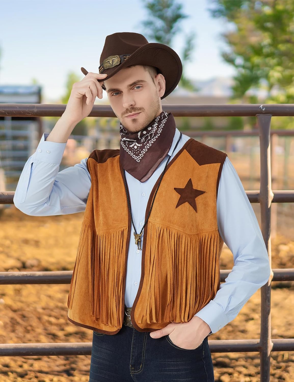5 Pcs Cowboy Outfits for Men Western Cowboy Costume Vest Hat Necktie Buckle Belt Necklace for Halloween Cosplay
