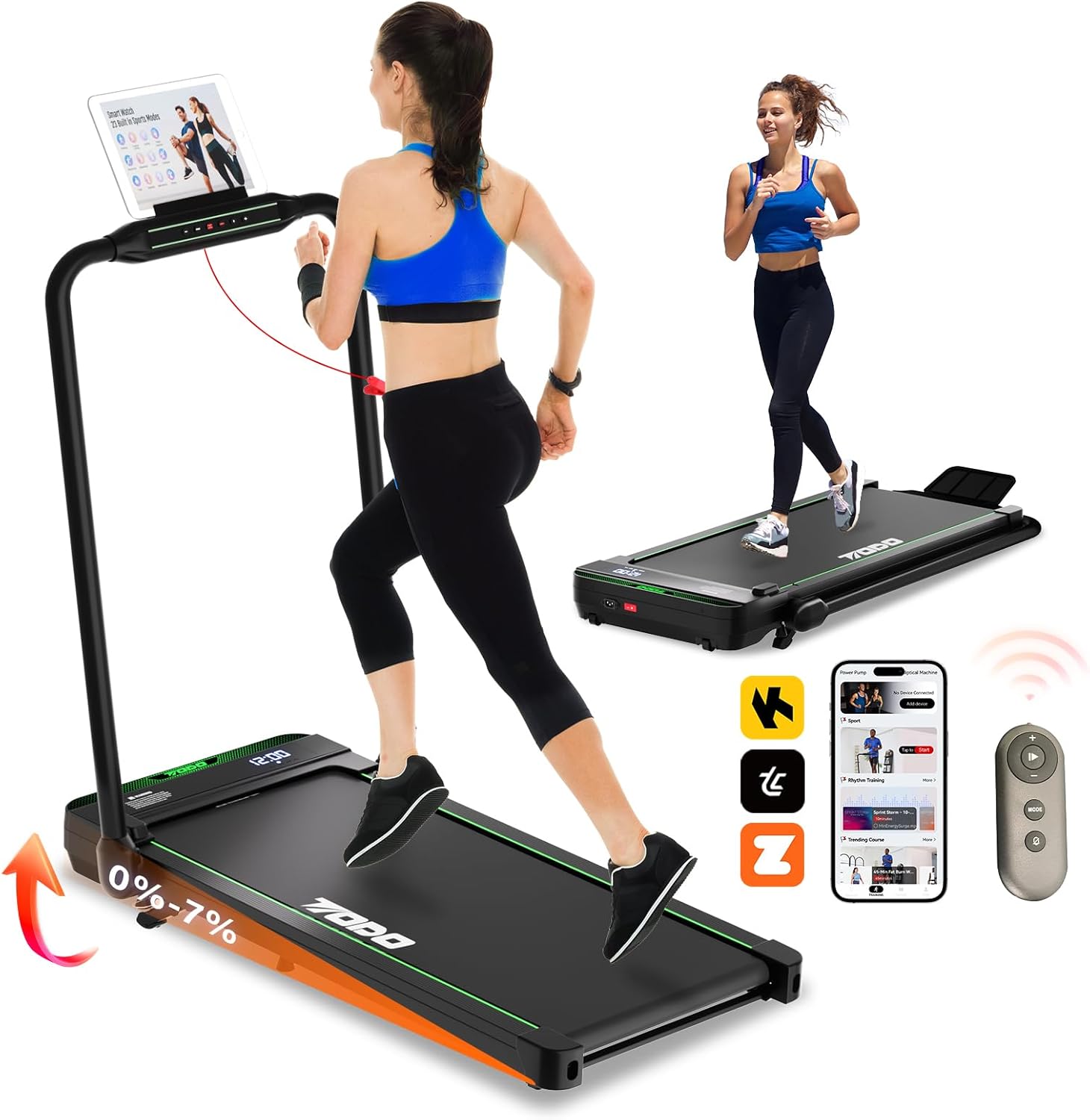 TODO T3840-NEW Foldable Treadmill in use, showing a person running and the treadmill in a folded state.