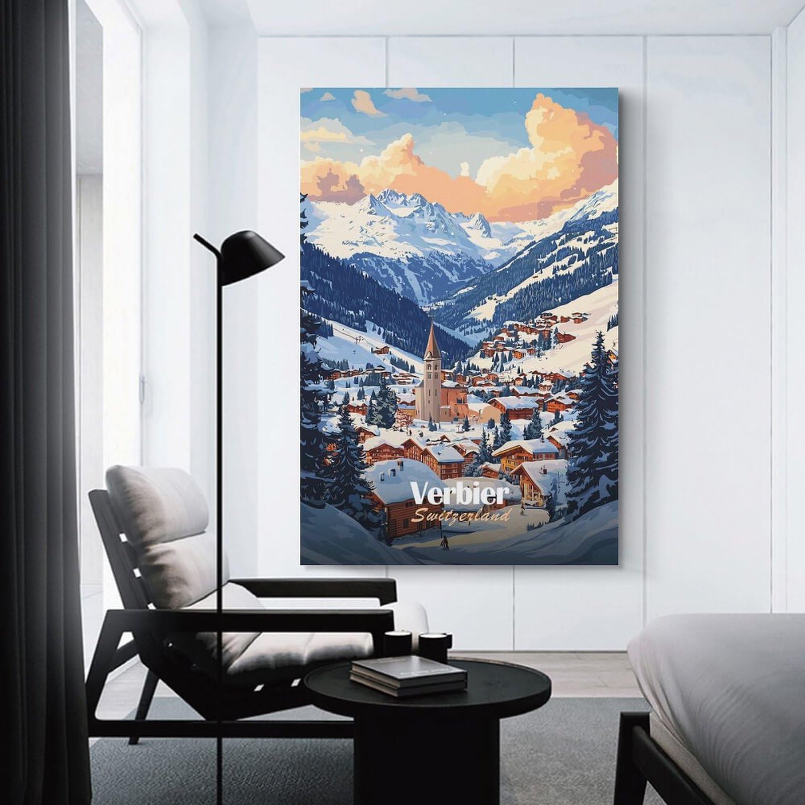 Junmoney Verbier Switzerland Winter Landscape Canvas Wall Decor, 12x18inch(30x45cm), for Home Lounge, Bedroom Or Reading Nook, Modern Wall Decor for Cosy Interiors