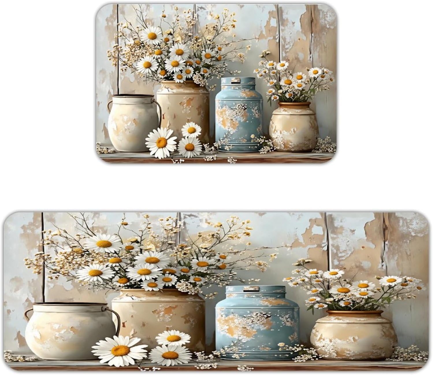 White Daisy Kitchen Rugs and Mats Set of 2 Kitchen Mats for Floor Non Slip Cushioned Anti-Fatigue Floor Mats for Kitchen Sink Office 17"x47"+16"x24"