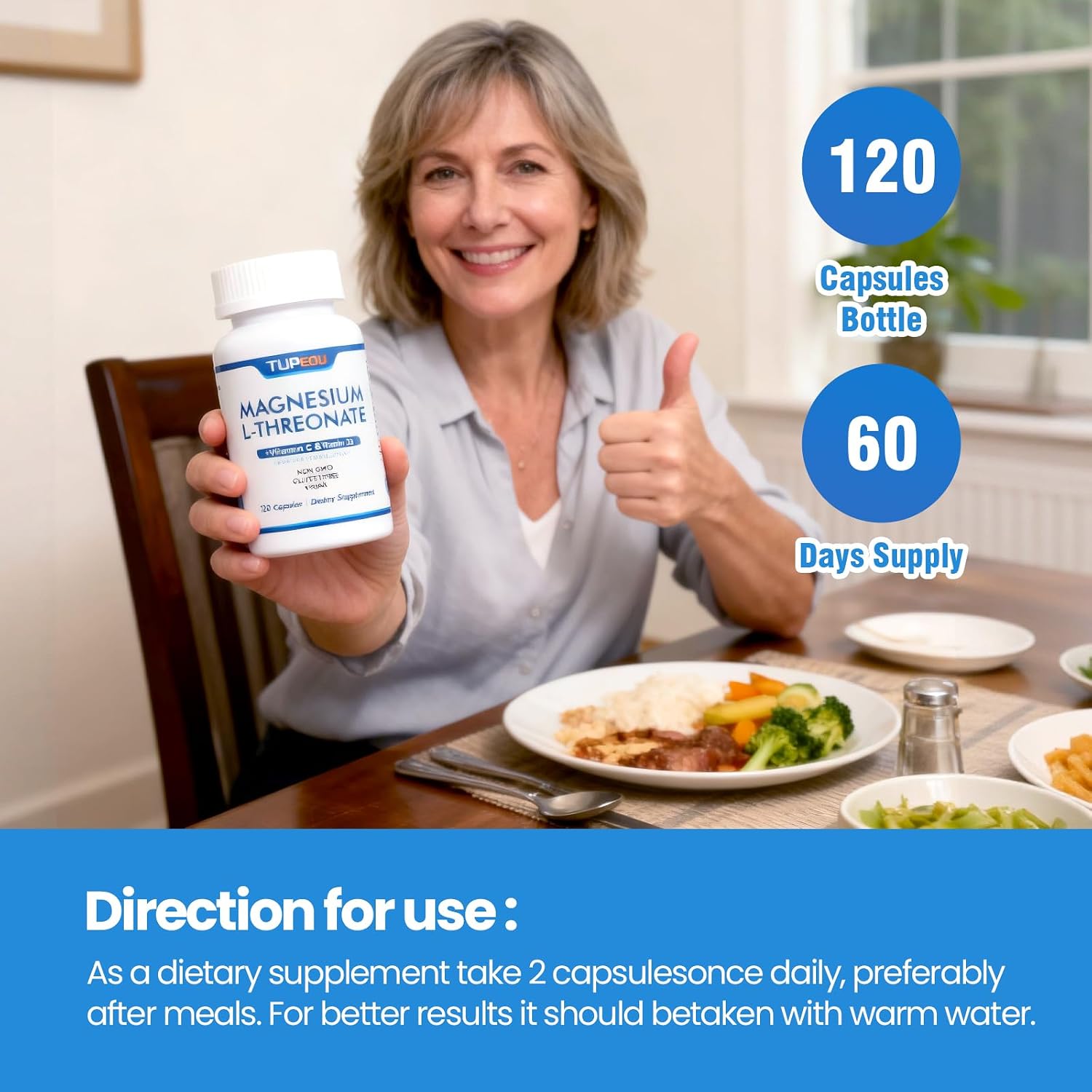Magnesium L-Threonate 120 Capsules,Vitamin D3,Magnesium Threonate with Vitamin C,High Absorption,Non-GMO,60 Days Supply (120)