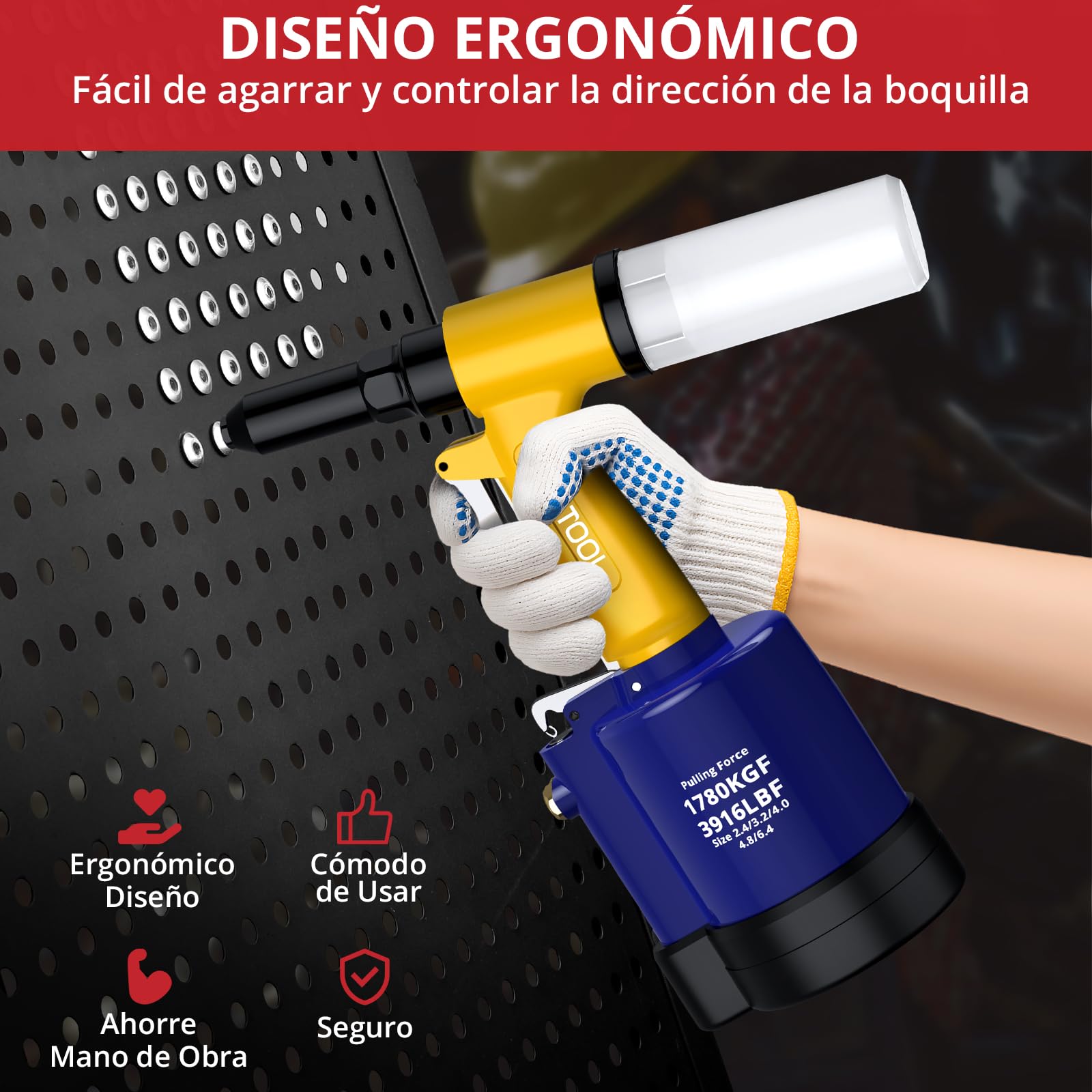 JUSTOOL Remachadora Neumática con 5 Boquillas 2.4mm,3.2mm,4.0mm,4.8mm,6.4mm,1780KGF Pistola de Remachadora Hidraulica Autocebante para la Unión de Materiales